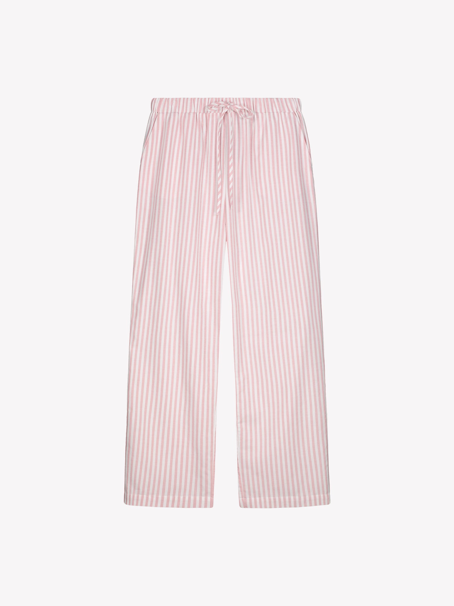 Nanso Polka pink women’s striped flannel pants with straight legs, product photo.