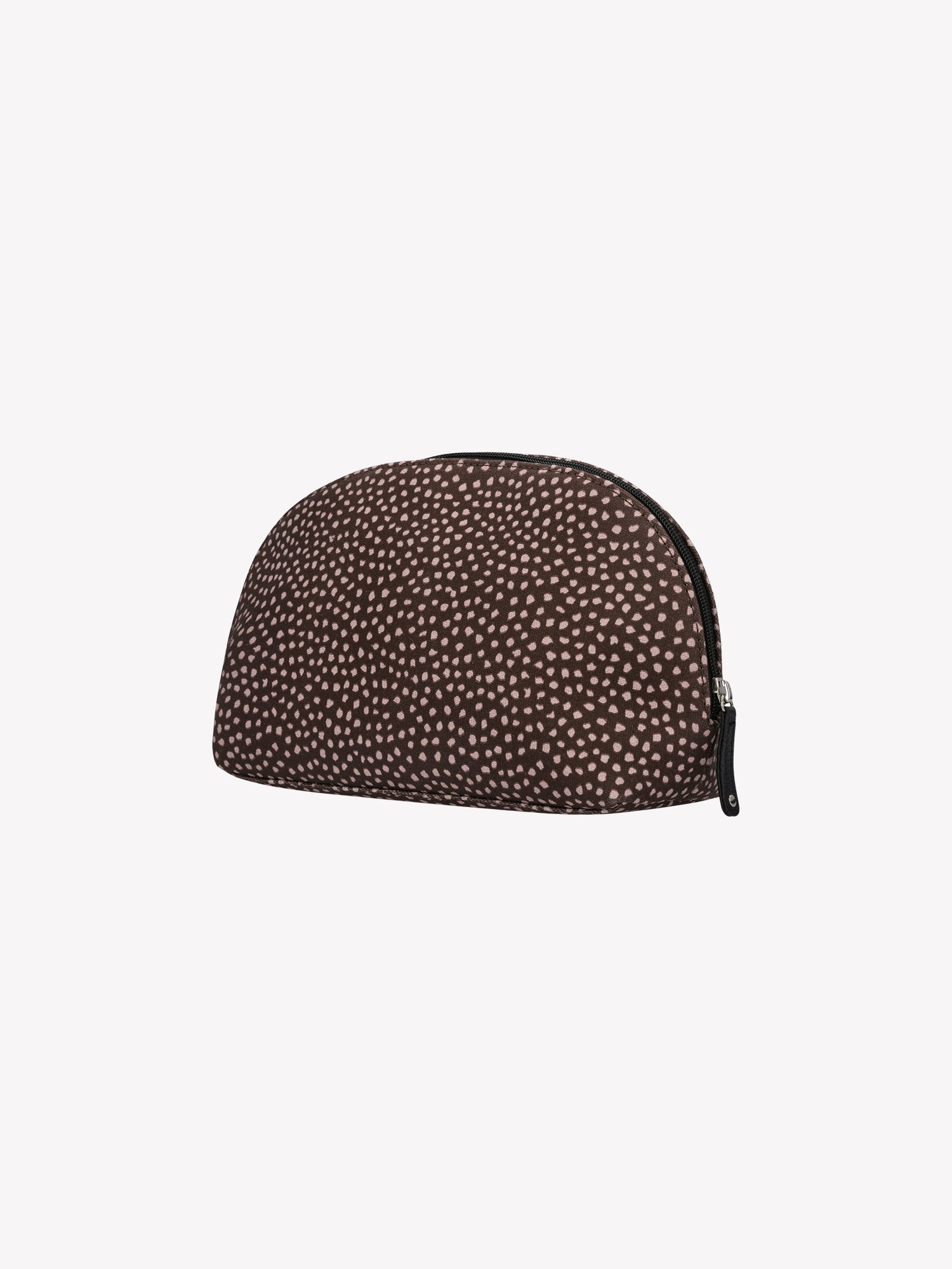 Nanso's brown Muru cosmetics bag features a charming delicate polka dot pattern from the back