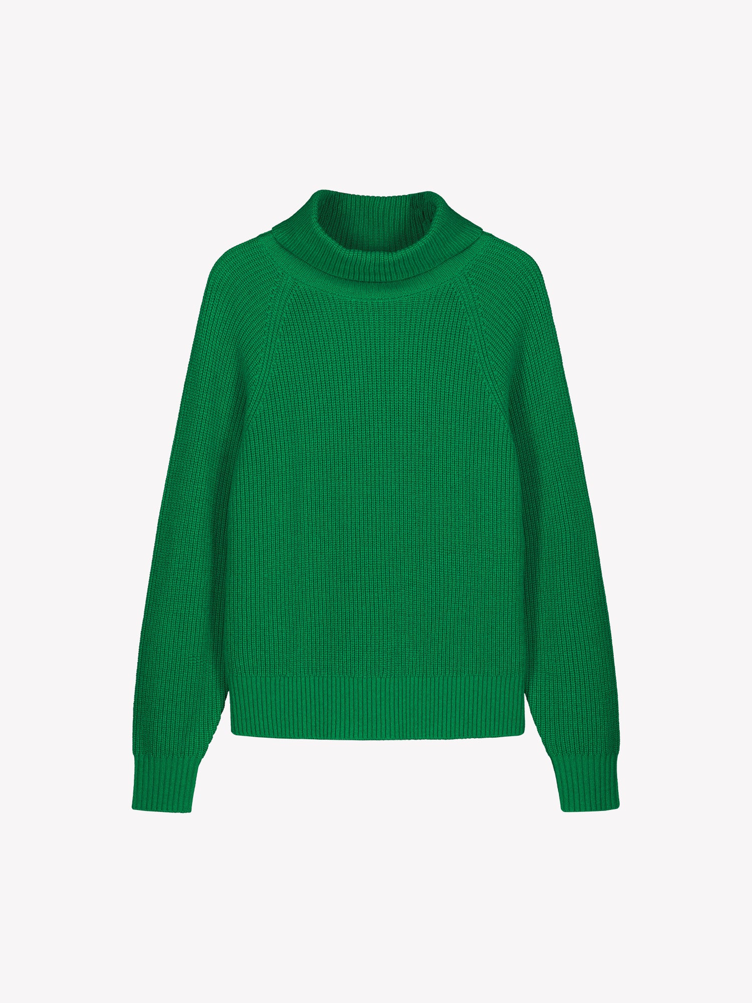 Nanso's Pamela sweater for women is a cozy, green knit featuring a turtleneck and full-length raglan sleeves