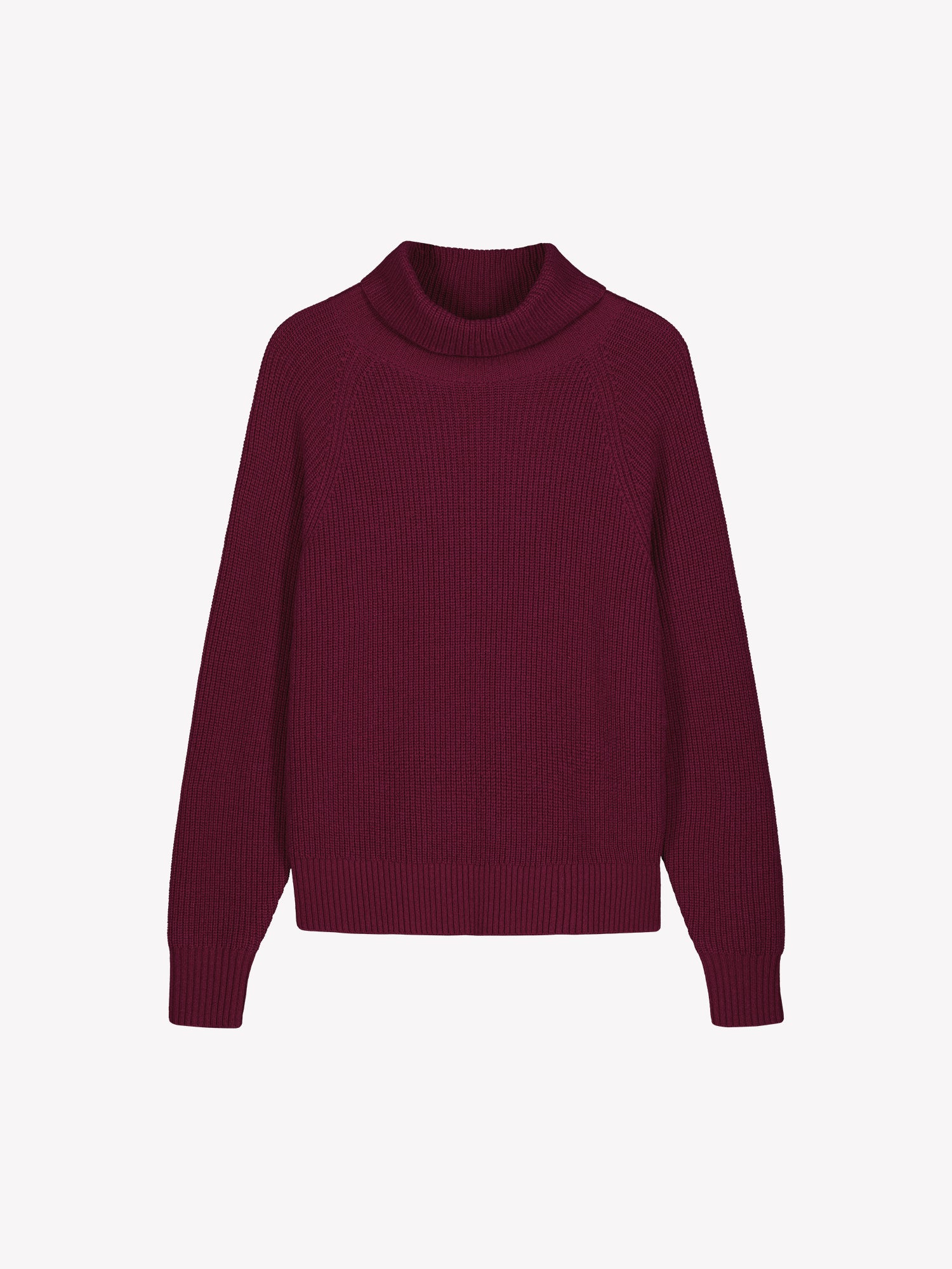 Nanso's Pamela sweater for women is a cozy, burgundy knit featuring a turtleneck and full-length raglan sleeves