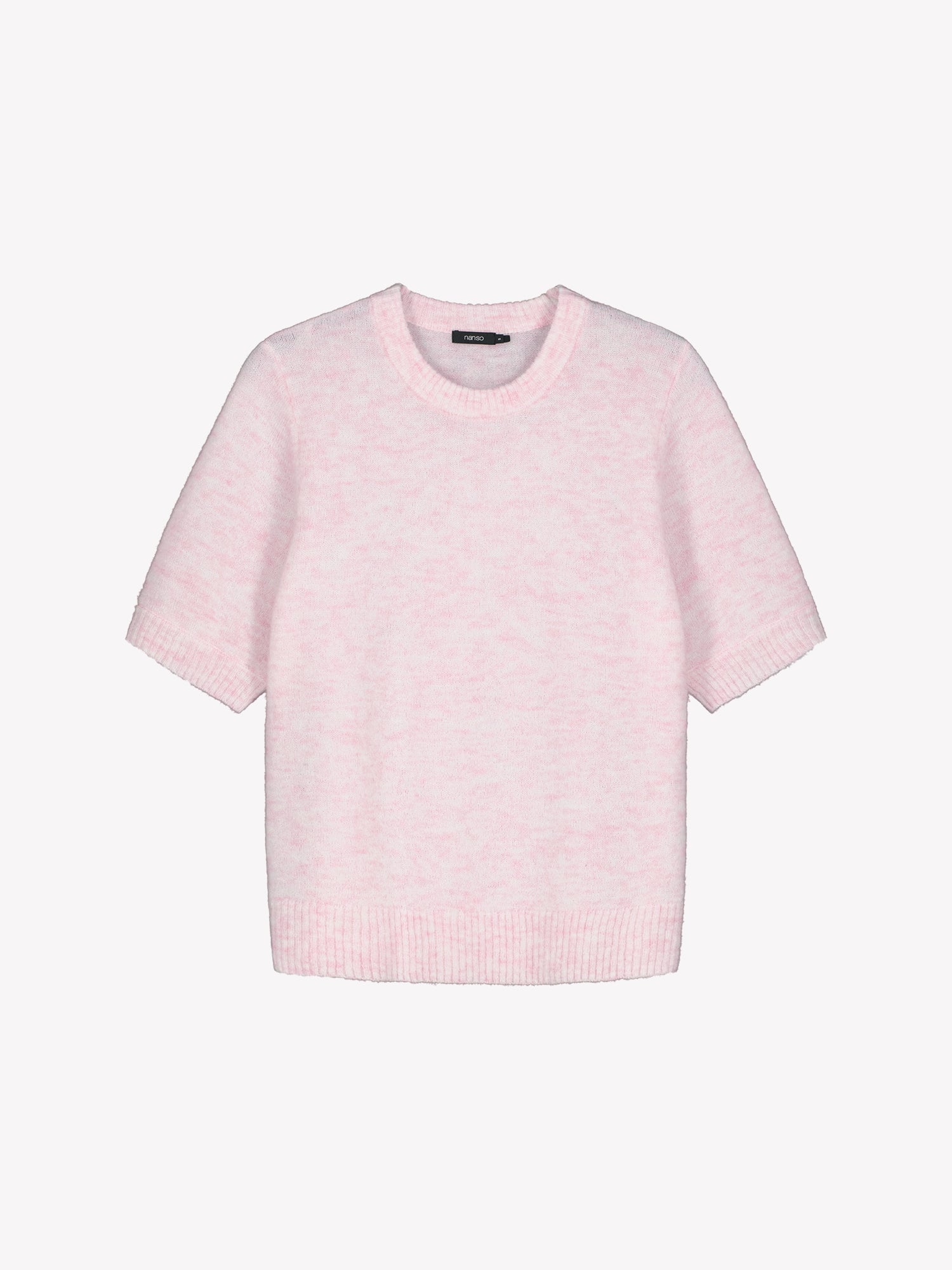 Nanso Women’s Tuohi knit sweater in pink, hip-length style with round neckline and short half sleeves, in product photo.