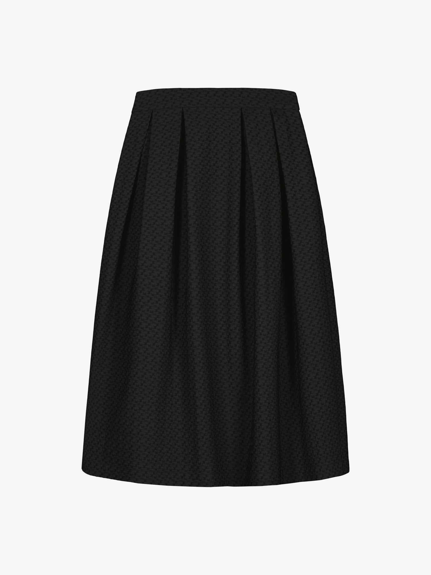 Nanso women’s black Reliefi skirt, midi-length style with pleats and flared hem, in product photo back view.