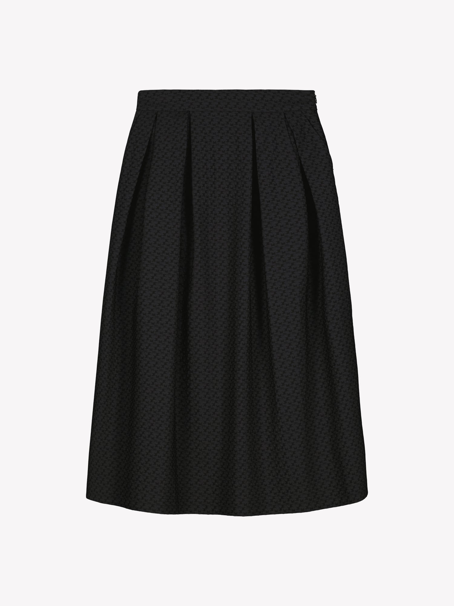 Nanso women’s black Reliefi skirt, midi-length style with pleats and flared hem, in product photo front view.