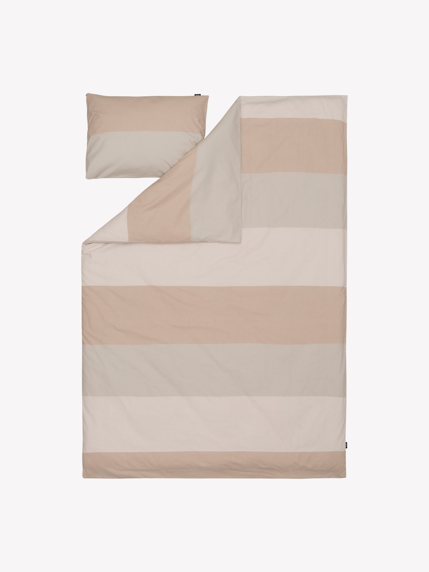 Nanso's beige Trio duvet cover set features a beautiful wide striped pattern, open