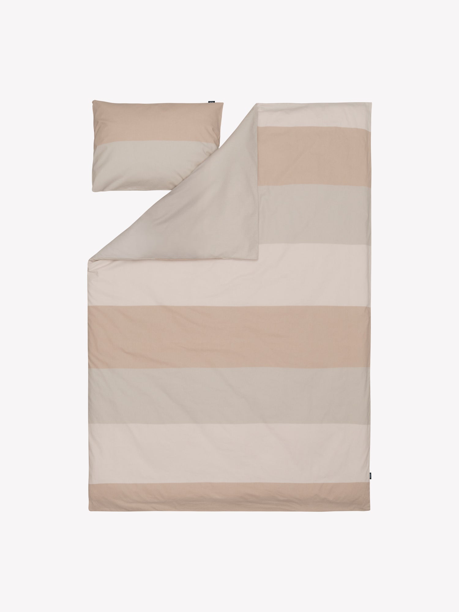Nanso's beige Trio duvet cover set features a beautiful wide striped pattern, open