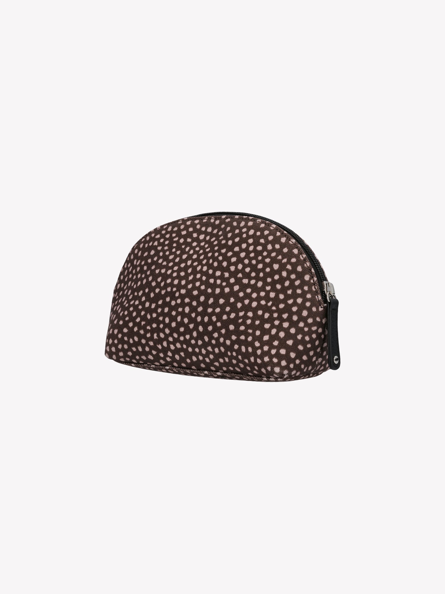 Nanso's brown Muru mini cosmetics bag features a charming delicate polka dot pattern from the back
