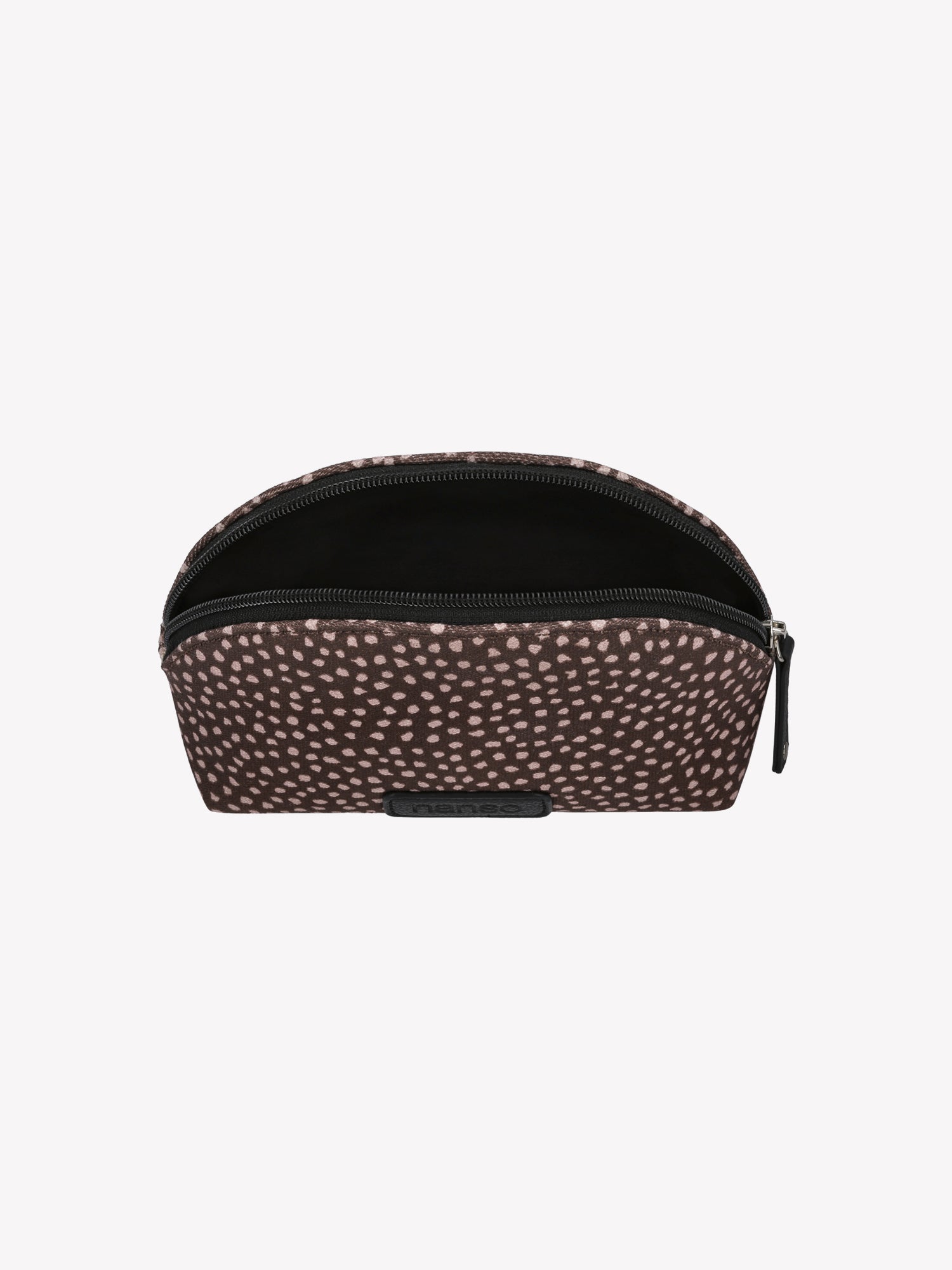 Nanso's brown Muru mini cosmetics bag features a charming delicate polka dot pattern open