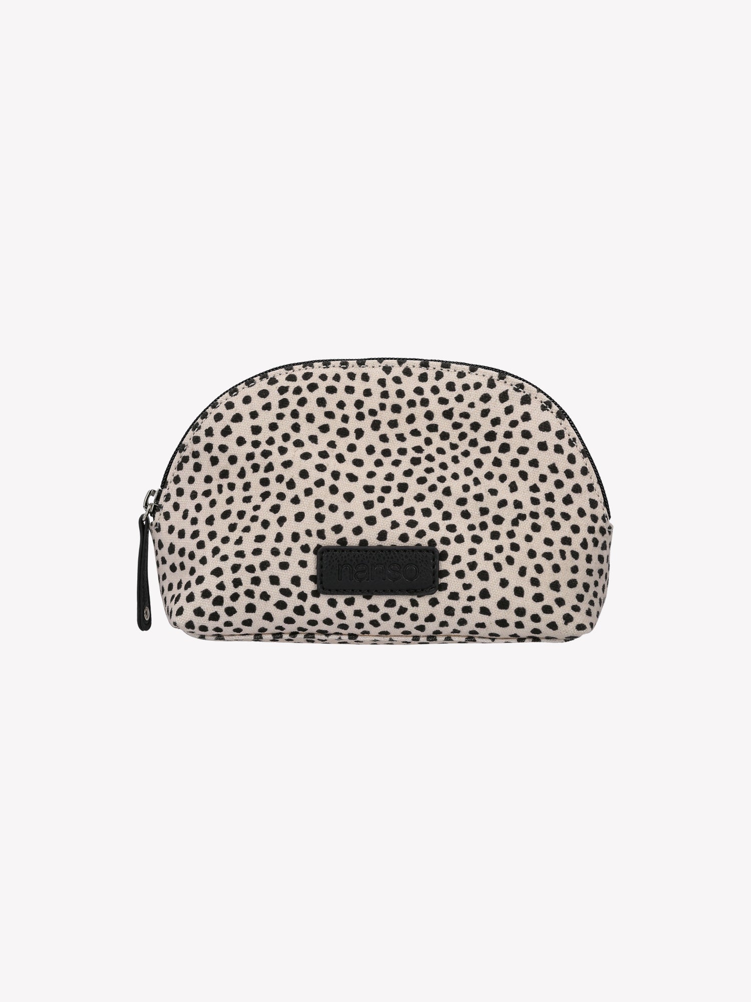 Nanso's beige Muru mini cosmetics bag features a charming delicate polka dot pattern, front