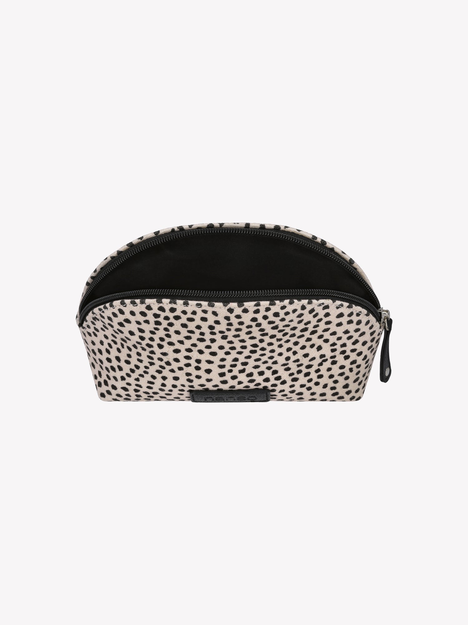 Nanso's beige Muru mini cosmetics bag features a charming delicate polka dot pattern, open