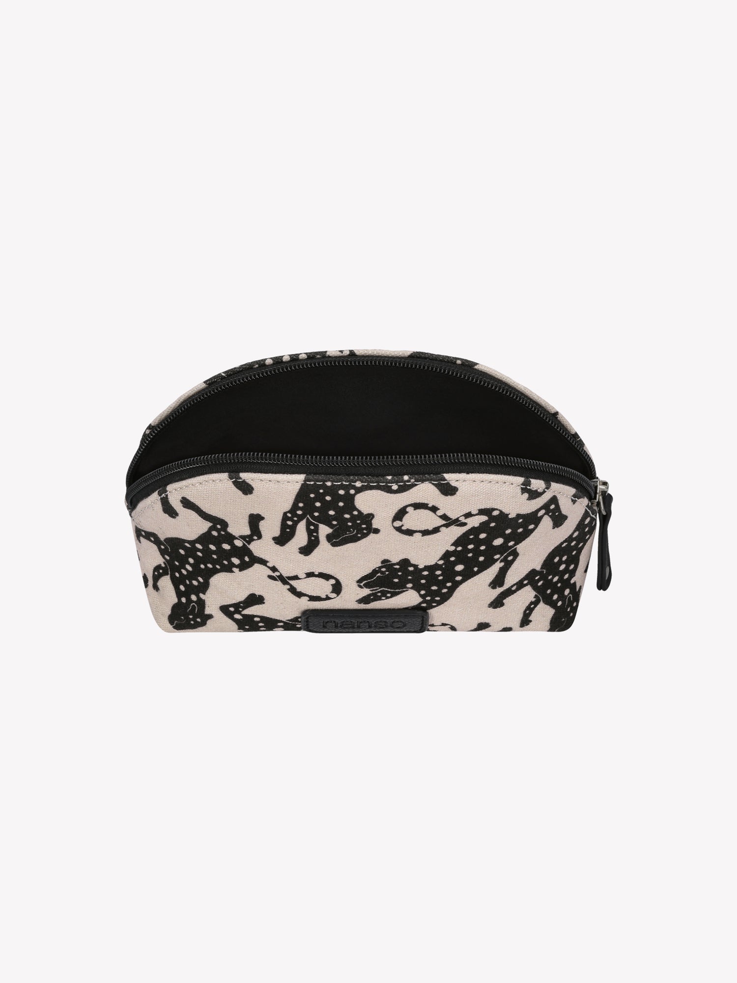 Nanso's beige Leonora mini cosmetics bag features a lively leopard print and a compact size, open