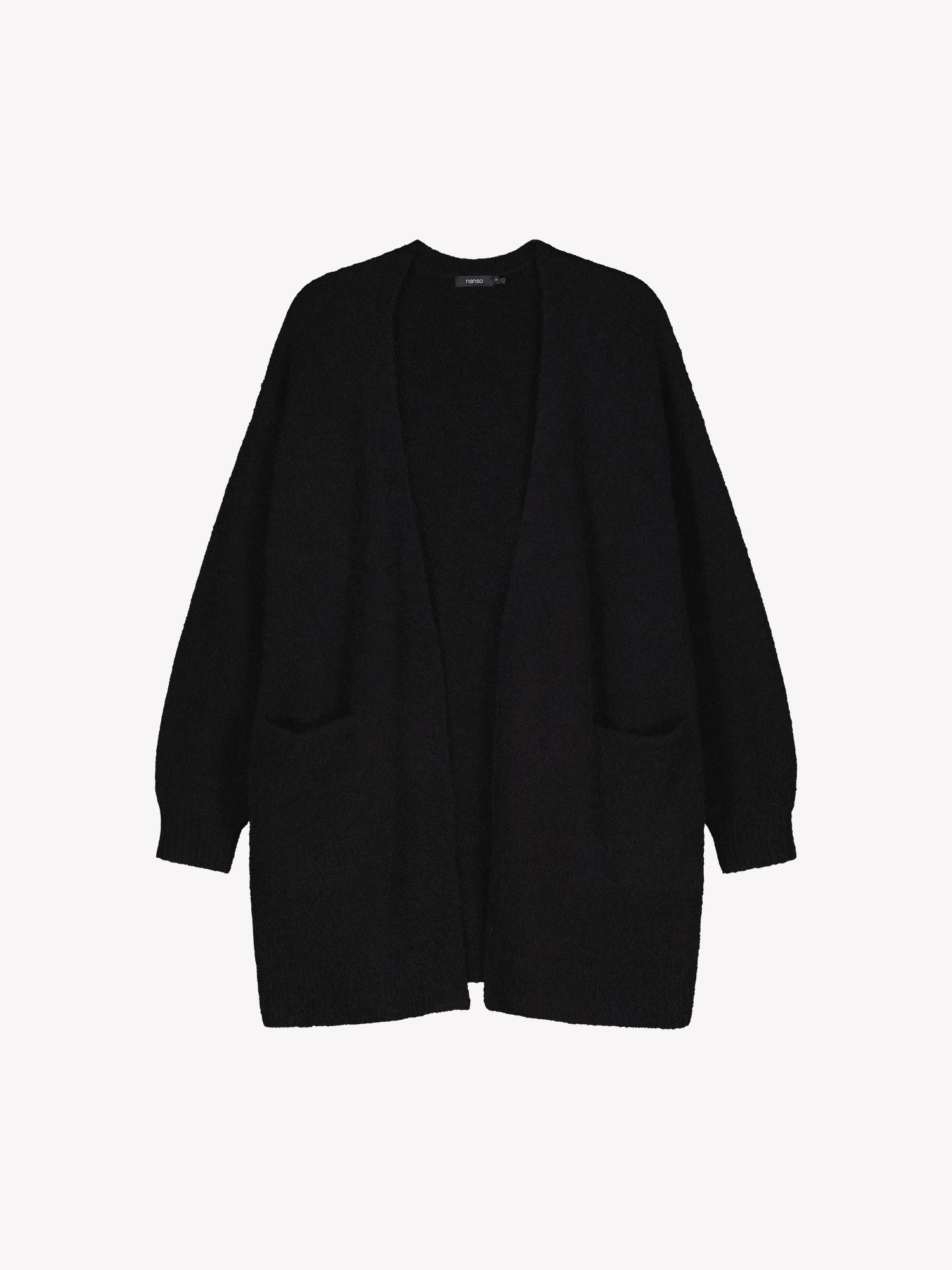 Nanso women’s black Tuohi knit cardigan, long style with long sleeves and front pockets, in product photo.