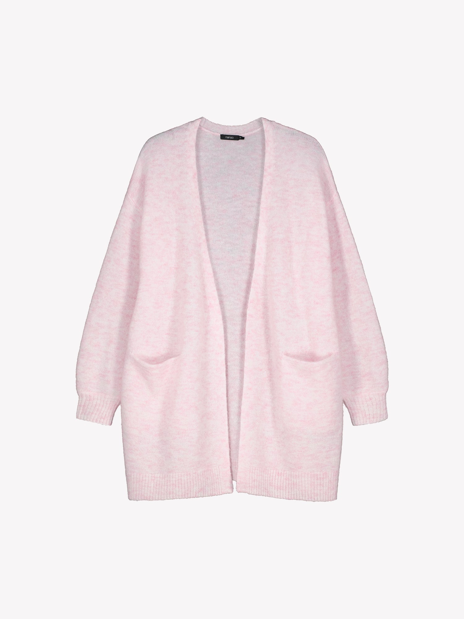 Nanso women’s pink Tuohi knit cardigan, long style with front pockets and ribbed cuffs and hem, in product photo.