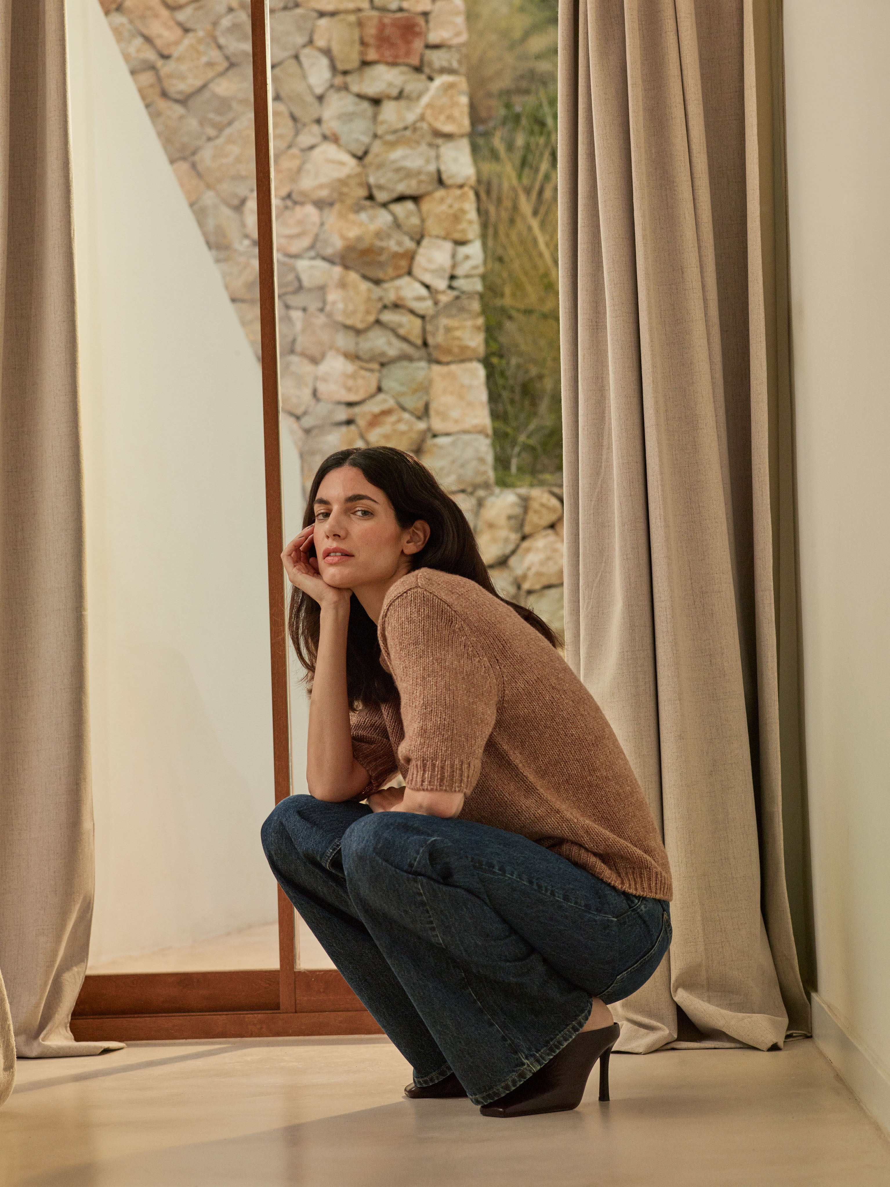 MORIKO Realxed Short-Sleeved Knit Sweater - Brown | Nanso