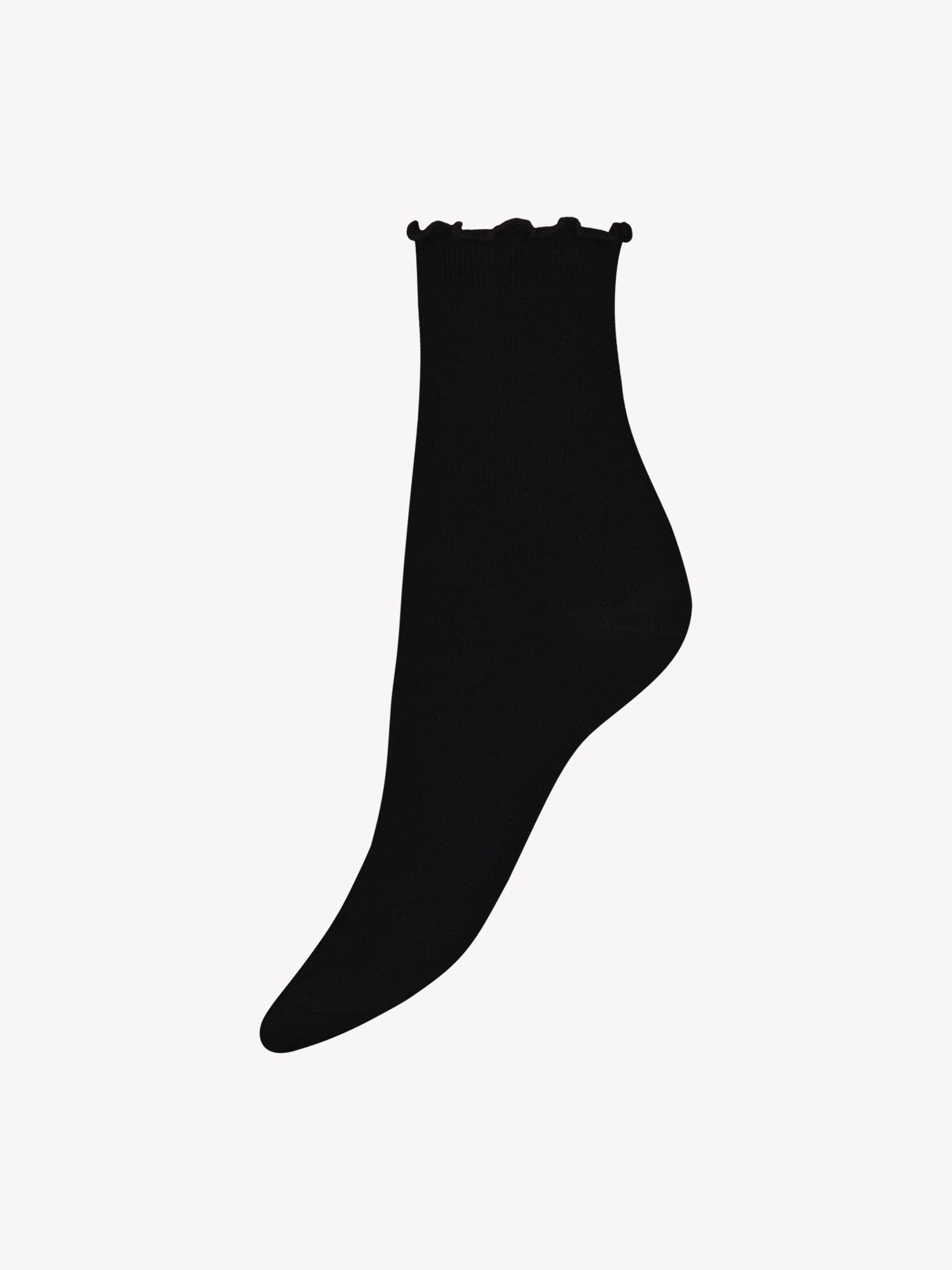 Soft organic cotton ankle socks in a convenient two-pair set. One pair features a charming dot pattern while the other is in classic black, both finished with delicate ruffle detailing for everyday comfort and style. Product picture of the black sock
