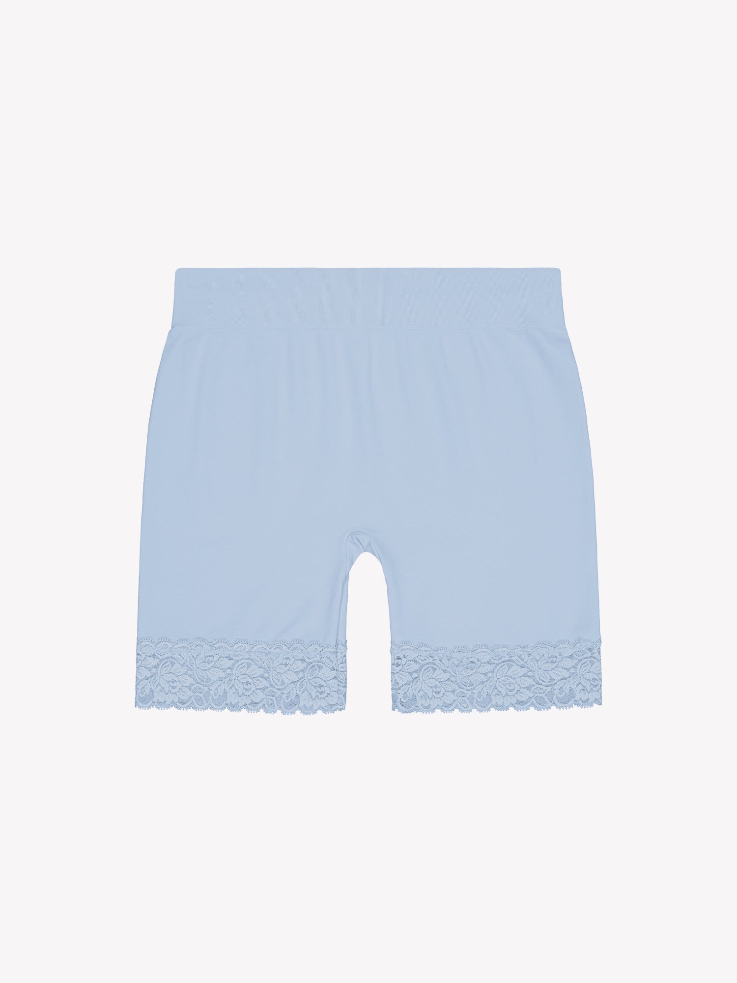 Seamless Short Leggings in Chambray Blue with beautiful lace details. The delicate lace detailing adds a touch of elegance.