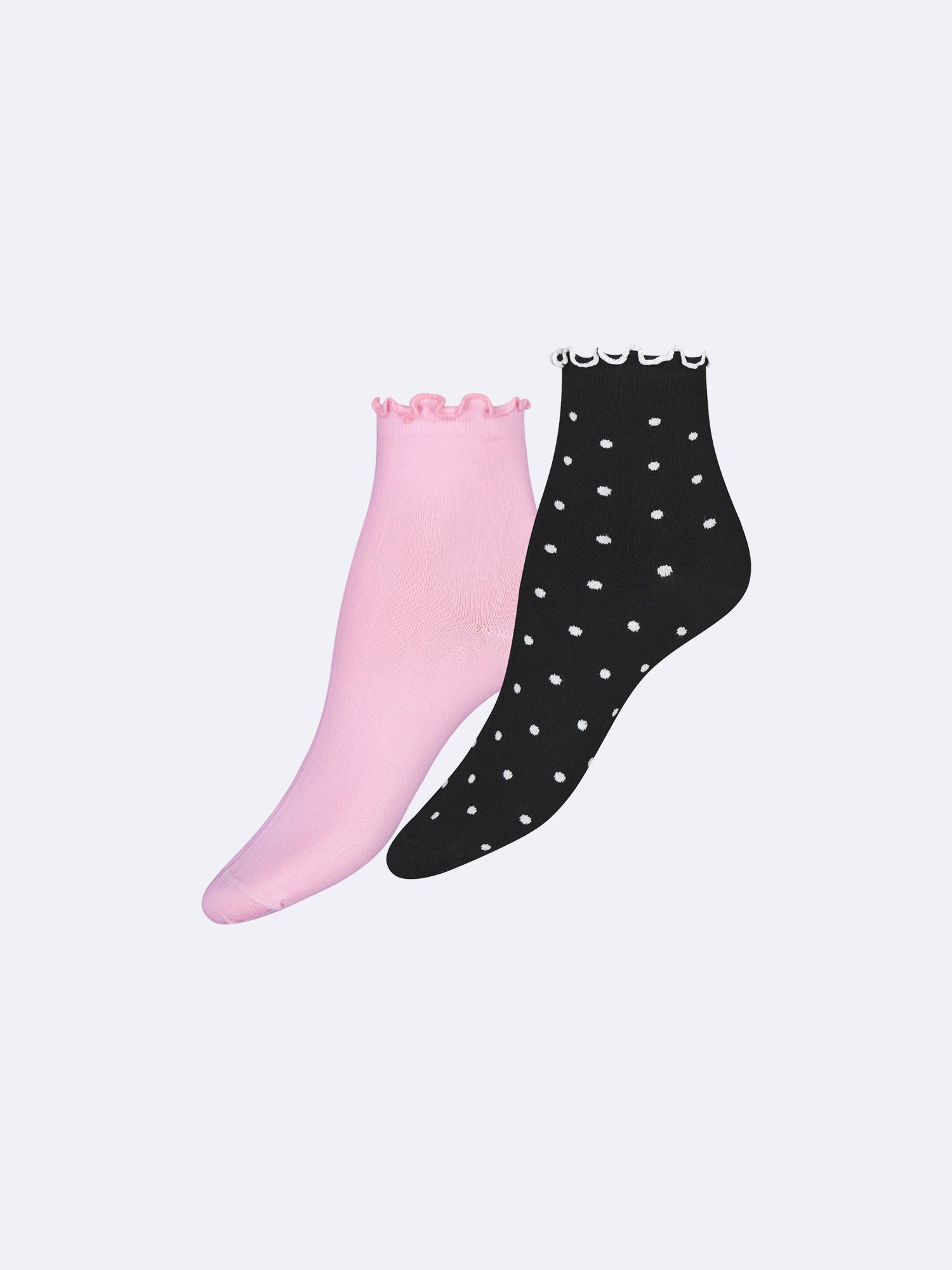 Vogue women's lovely polka dot sock pair with frills in black and solid pink.