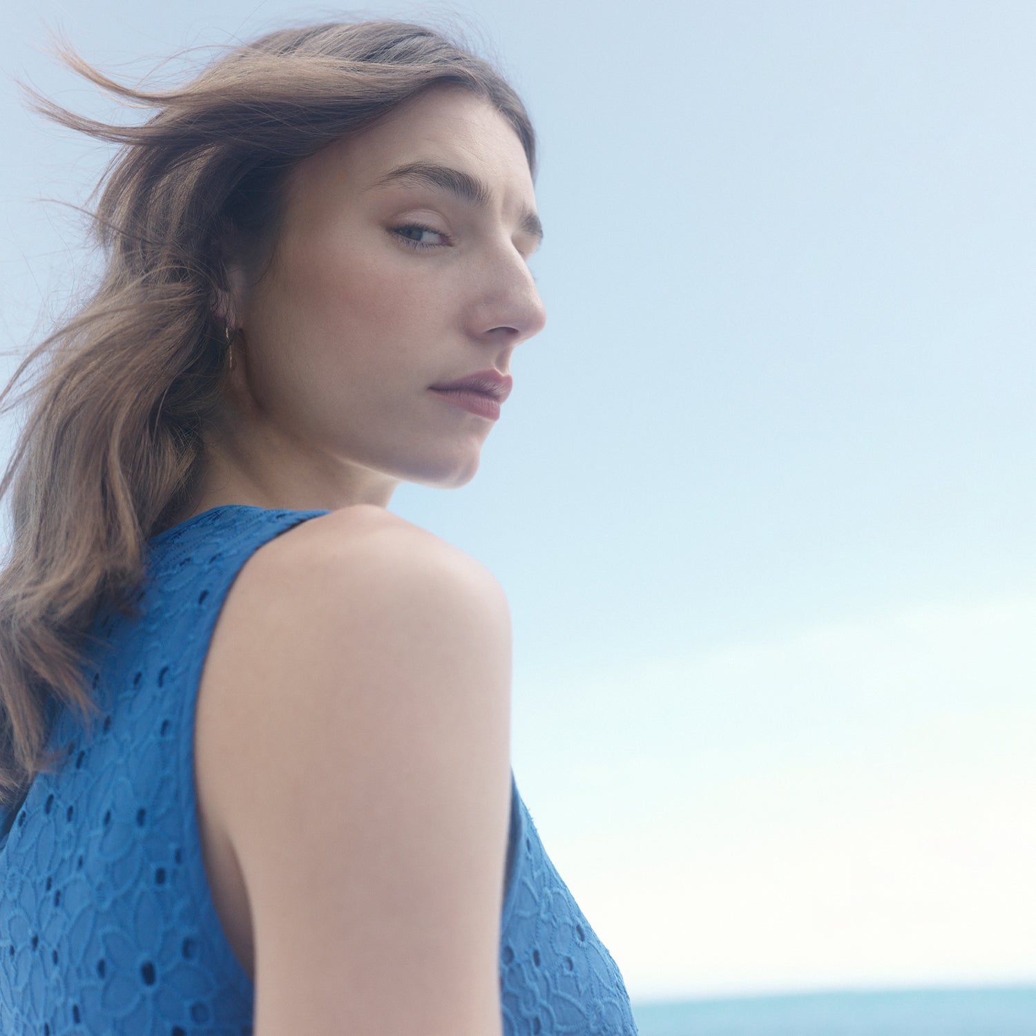 Nanso blue Nuppu top, worn by female model