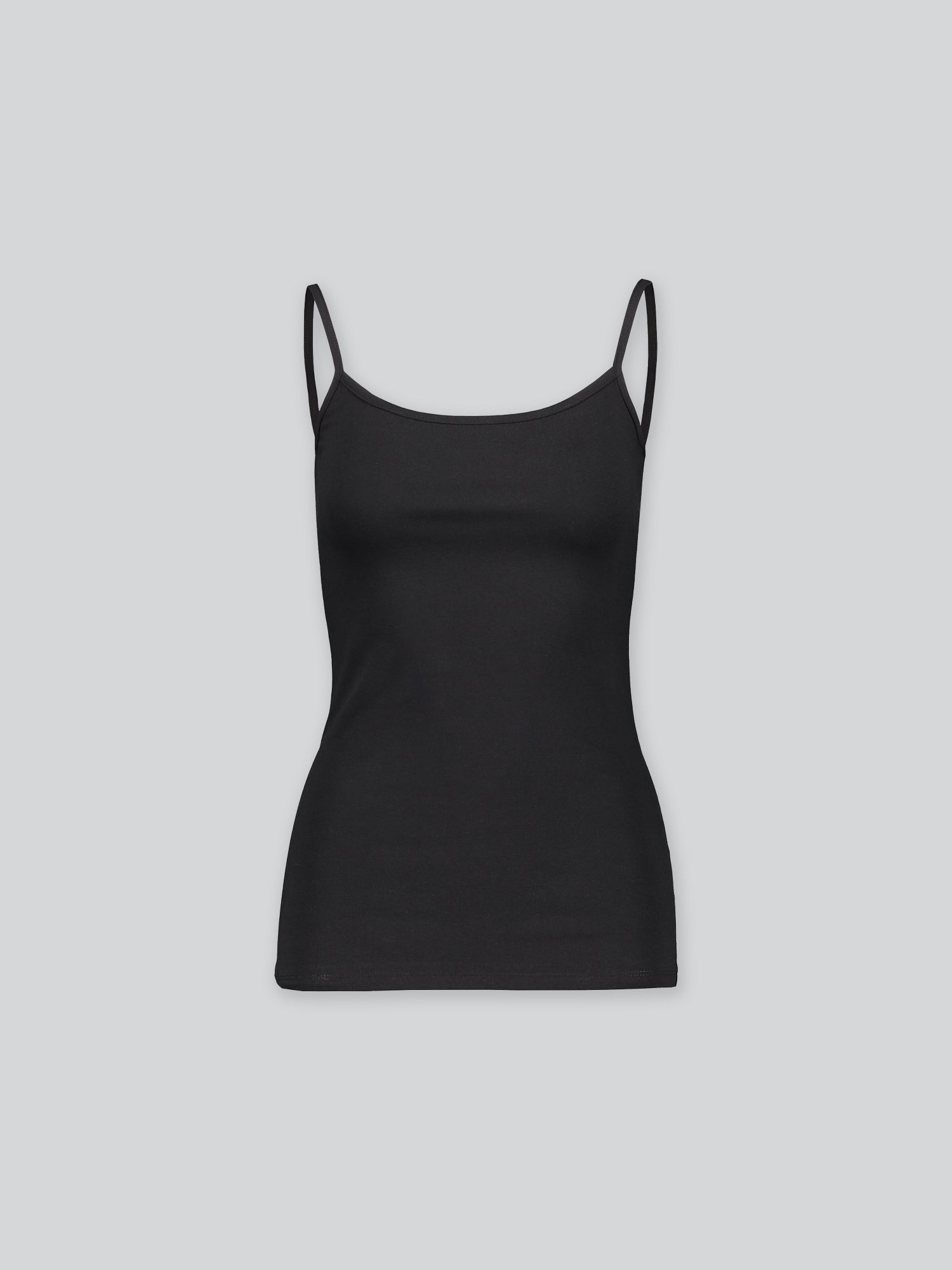 Nanso women's high quality black Basic top with thin straps crafted from soft, stretchy cotton-elastane knit, product picture from the front.
