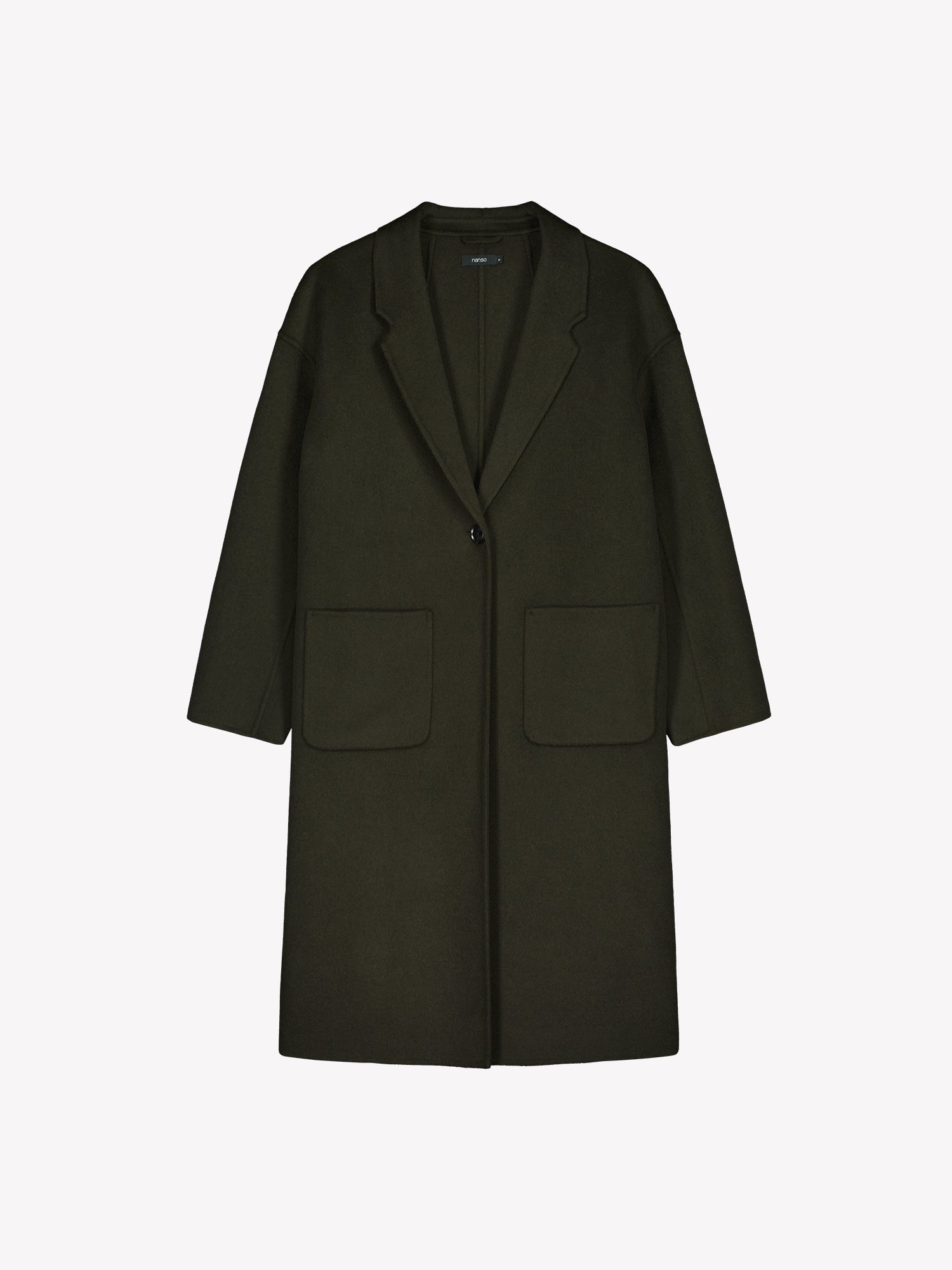Nanso women's stylish and timeless olive green YLLE wool coat in a product picture 