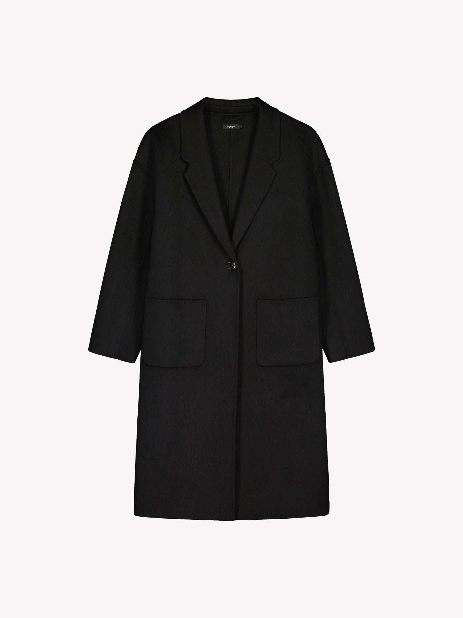 Nanso women's stylish and timeless black YLLE wool coat in a product picture