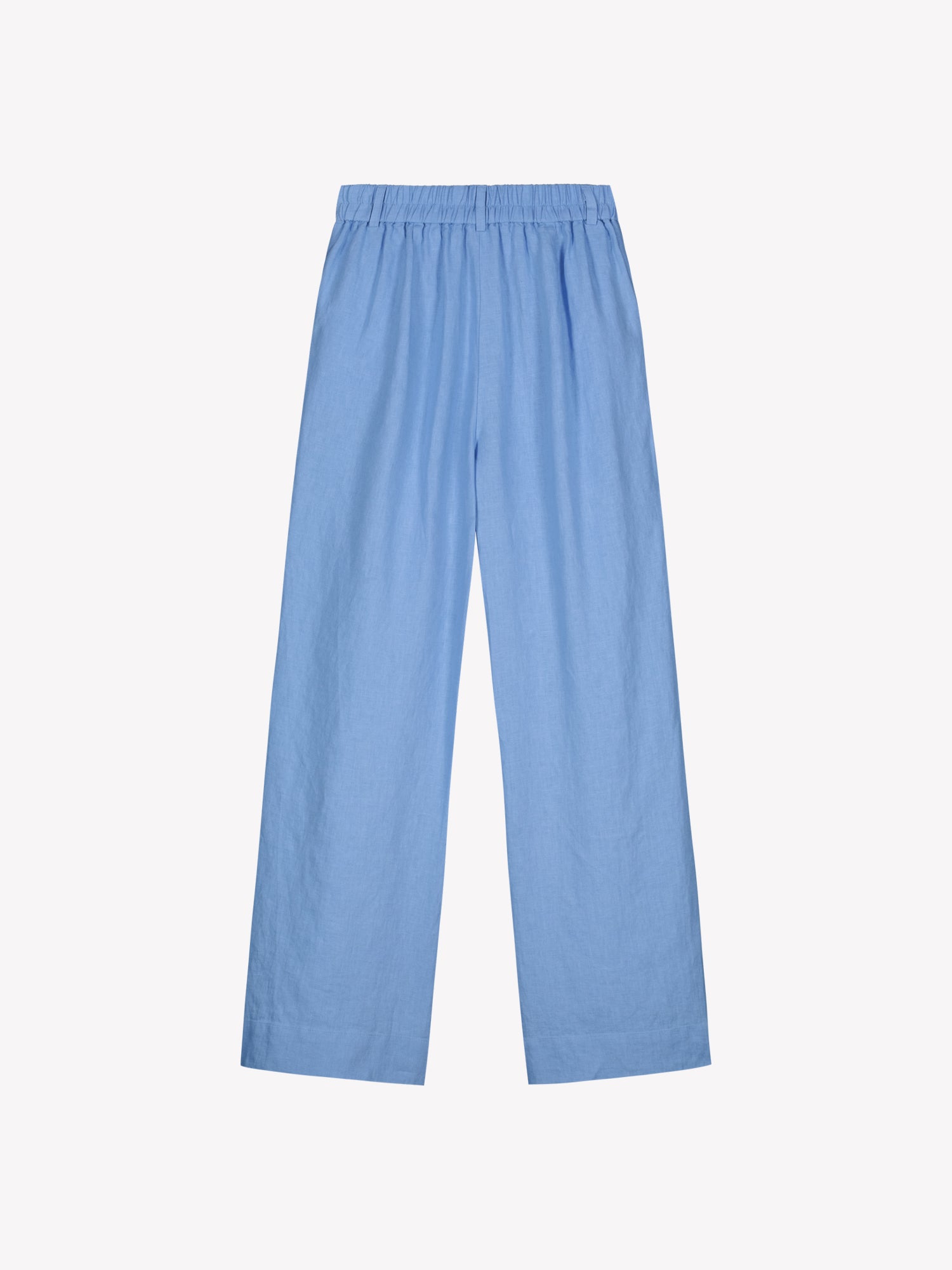 SAARI linen pants in a chic blue color in a product picture.