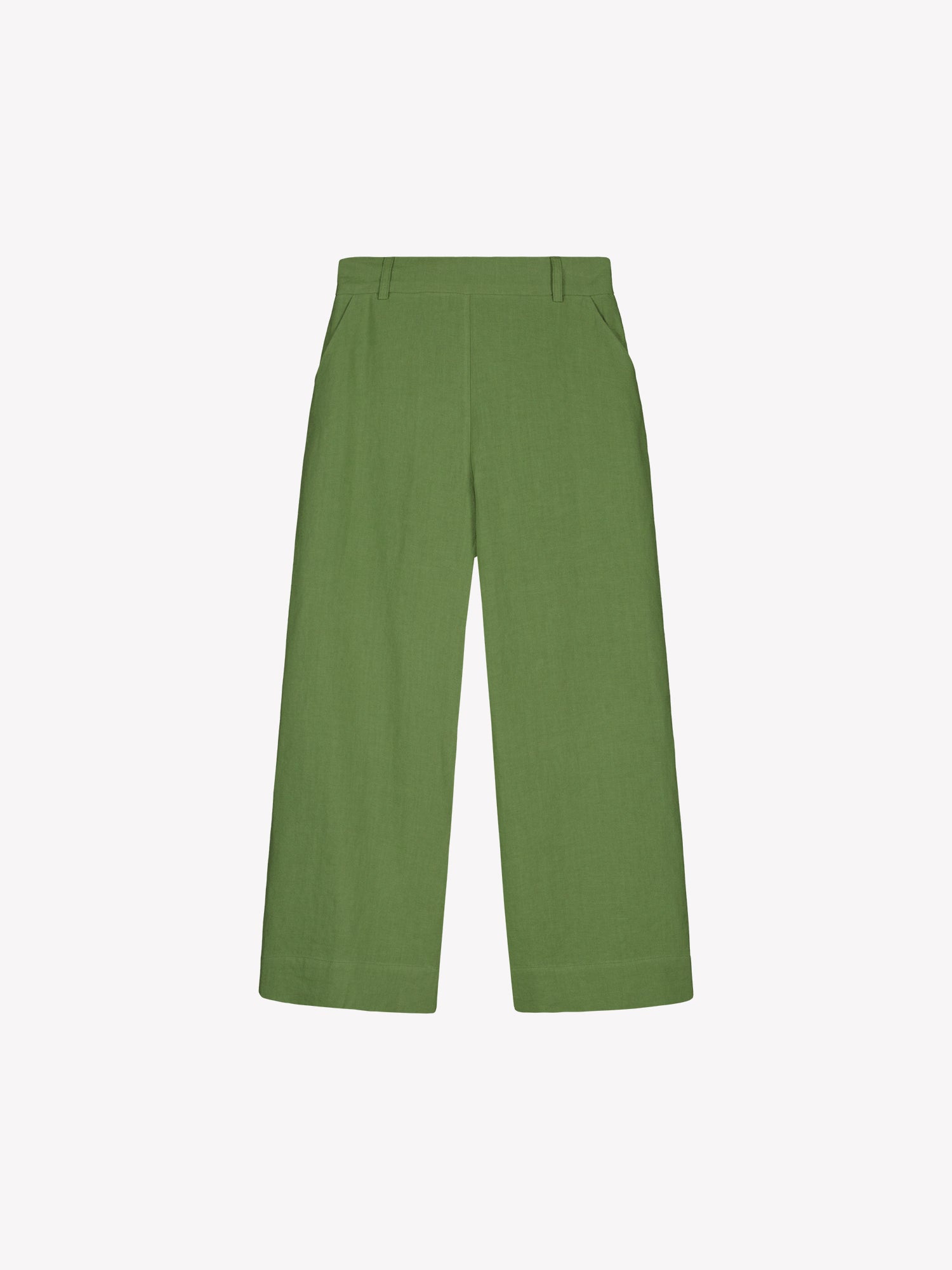 Nanso SAARI linen culottes with elasticated waist and side pockets in a vibrant green shade in a product picture.