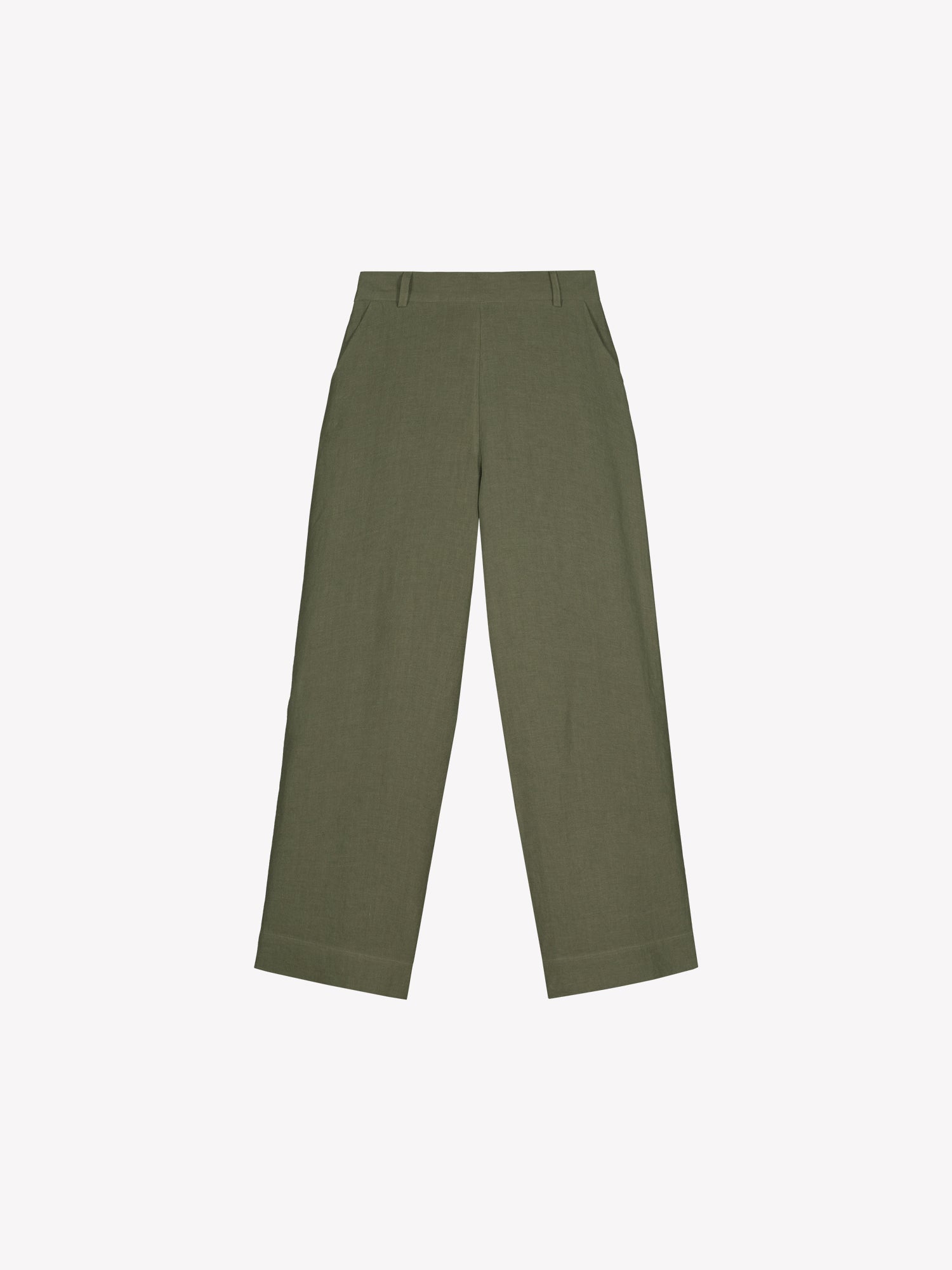 Nanso SAARI linen culottes with elasticated waist and side pockets in a sophisticated olive green shade in a product picture.