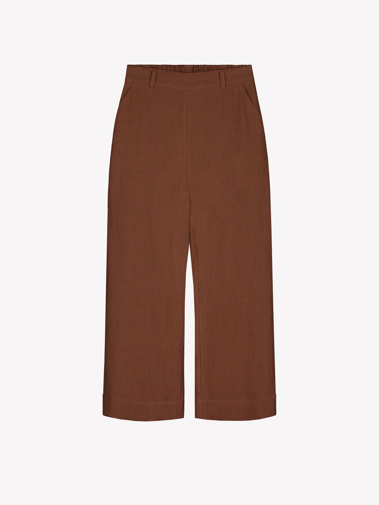 Nanso SAARI linen culottes with elasticated waist and side pockets in a sophisticated brown shade in a product picture.