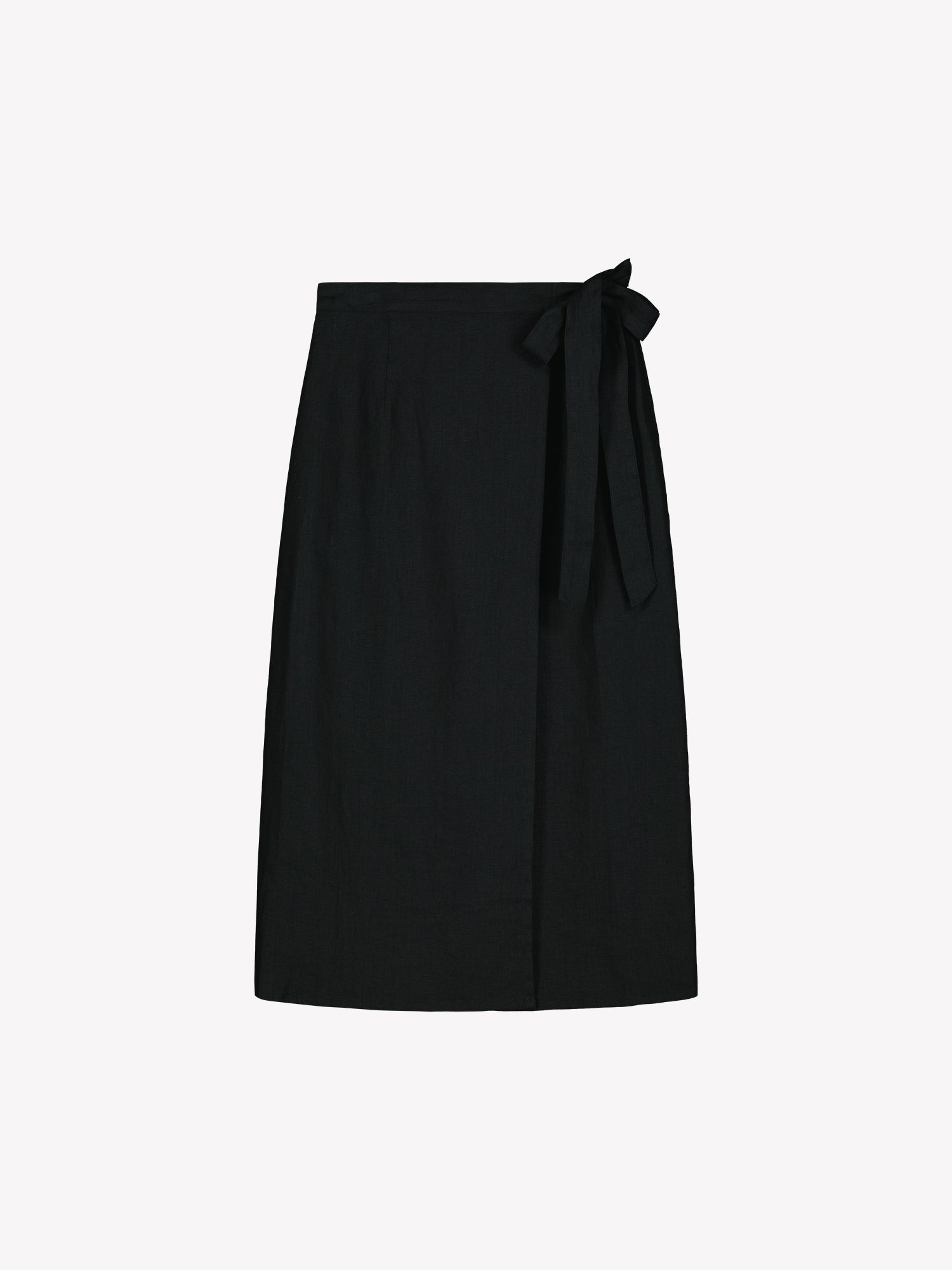 Nanso women's elegant black wrap-style Liine linen skirt in a product picture.