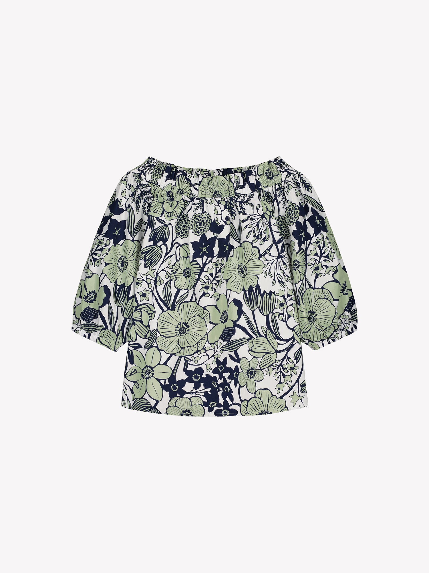 Nanso women's HUVILA Blouse with a charming floral print features a fresh, serene blue-green palette. In a product picture