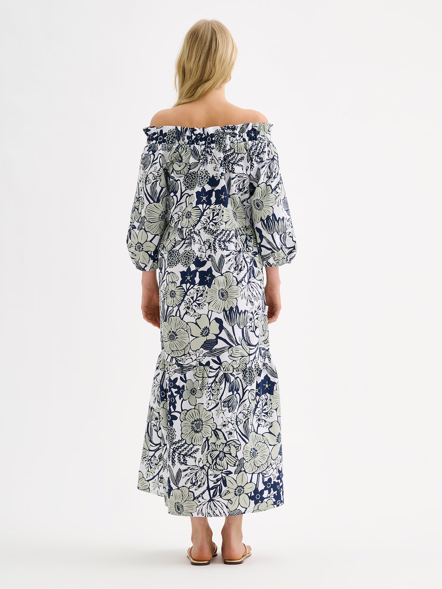 Nanso women's beautifully relaxed floral patterned summer dress, the HUVILA Long Dress, on a model with blonde hair, pictured from the backside