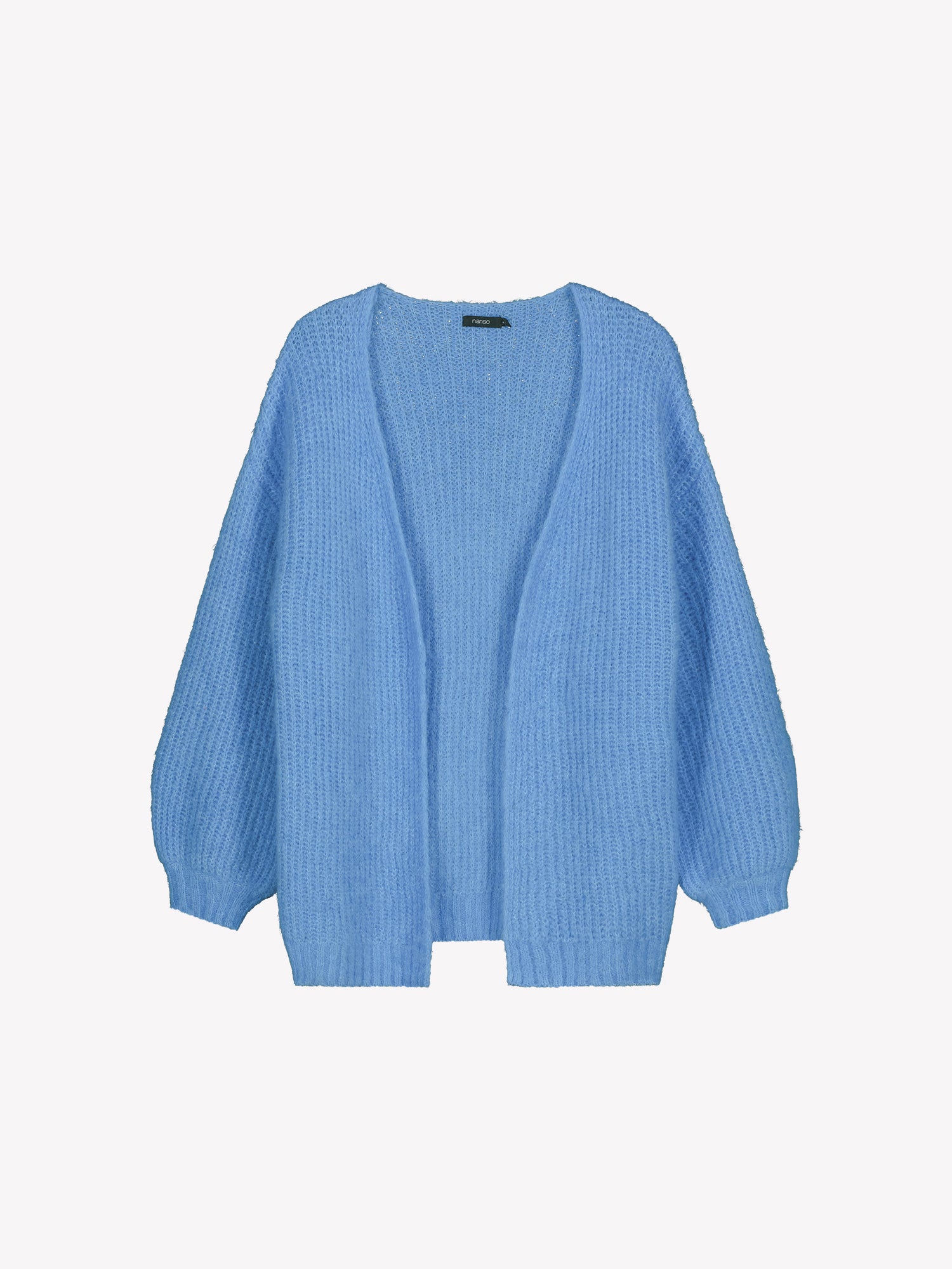Women's long-sleeved KARAMELLI Cardigan in blue shade, knitted in a fitted shape. Made of a blend of certified mohair, certified wool, polyamide, and elastane. Product image.