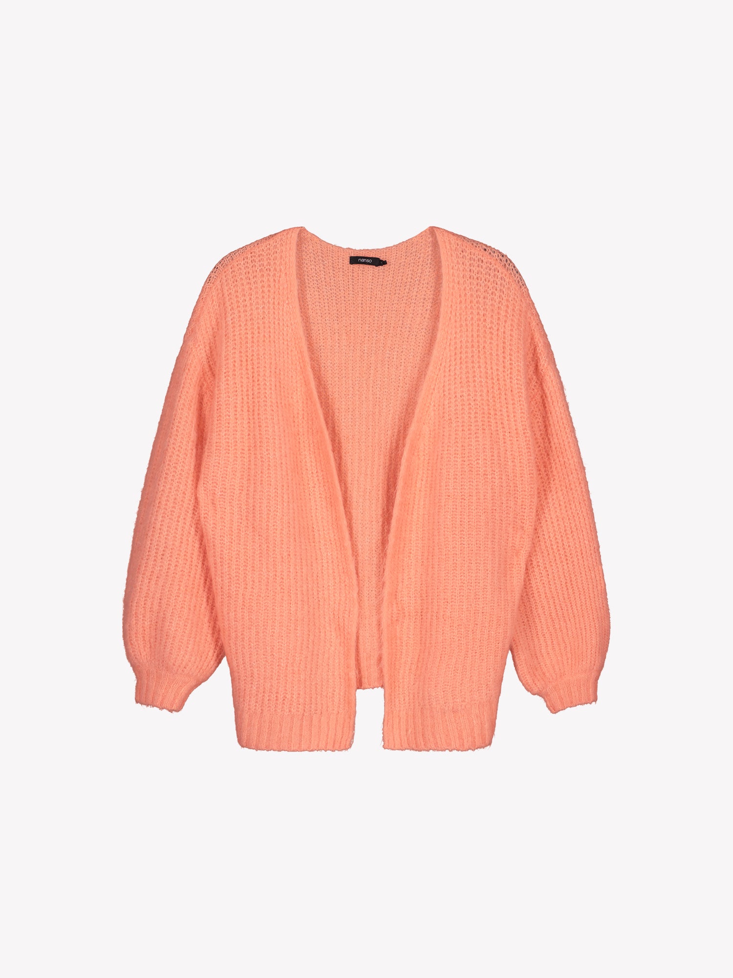 Women's long-sleeved KARAMELLI Cardigan in coral shade, knitted in a fitted shape. Made of a blend of certified mohair, certified wool, polyamide, and elastane. Product image.