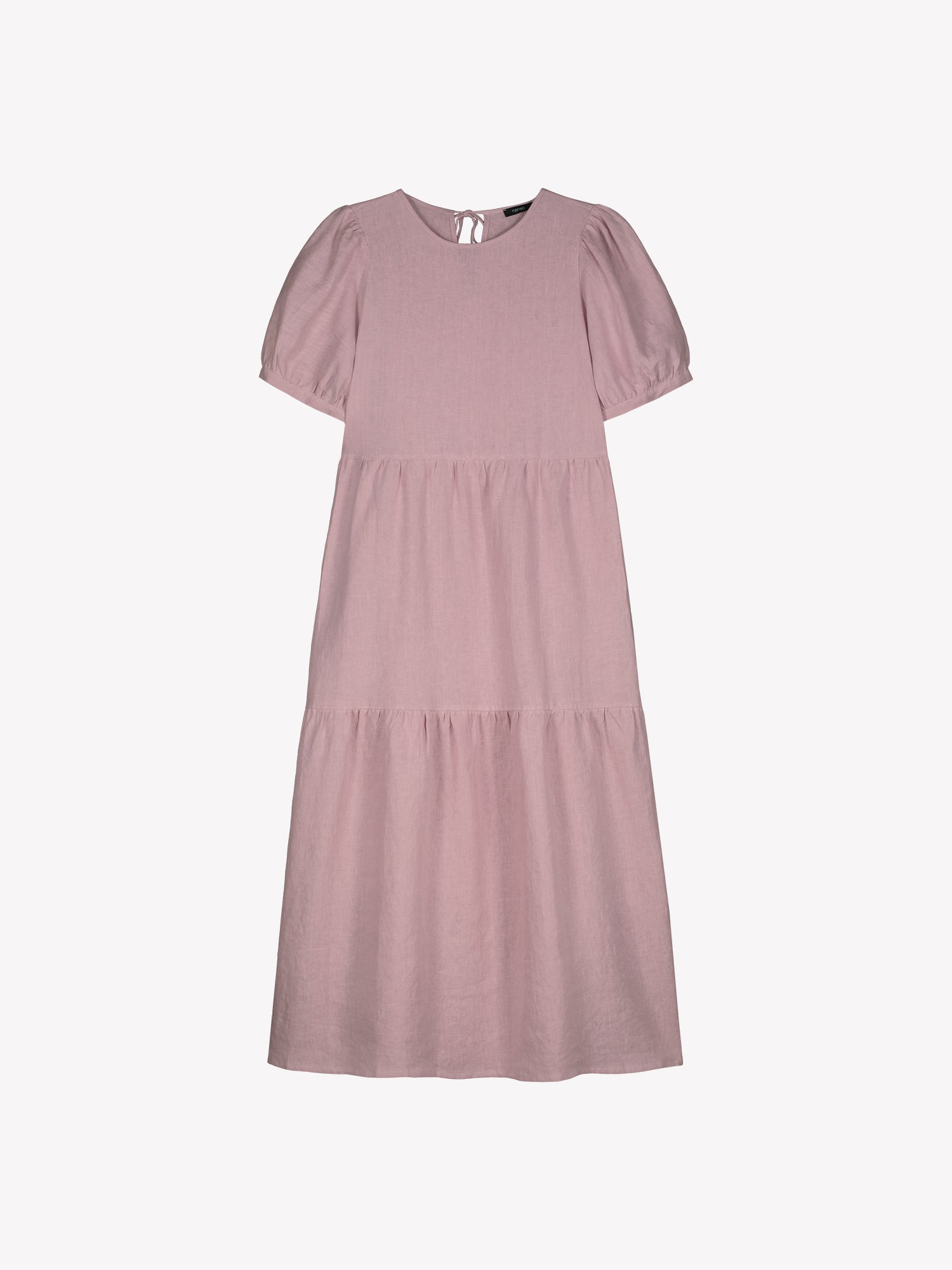 The Sarastus long lilac linen dress with voluminous frill layers and short puff sleeves in a product picture 