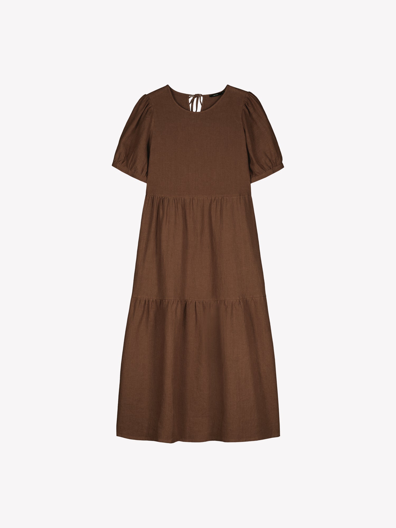 The Sarastus long brown linen dress with voluminous frill layers and short puff sleeves in a product picture.
