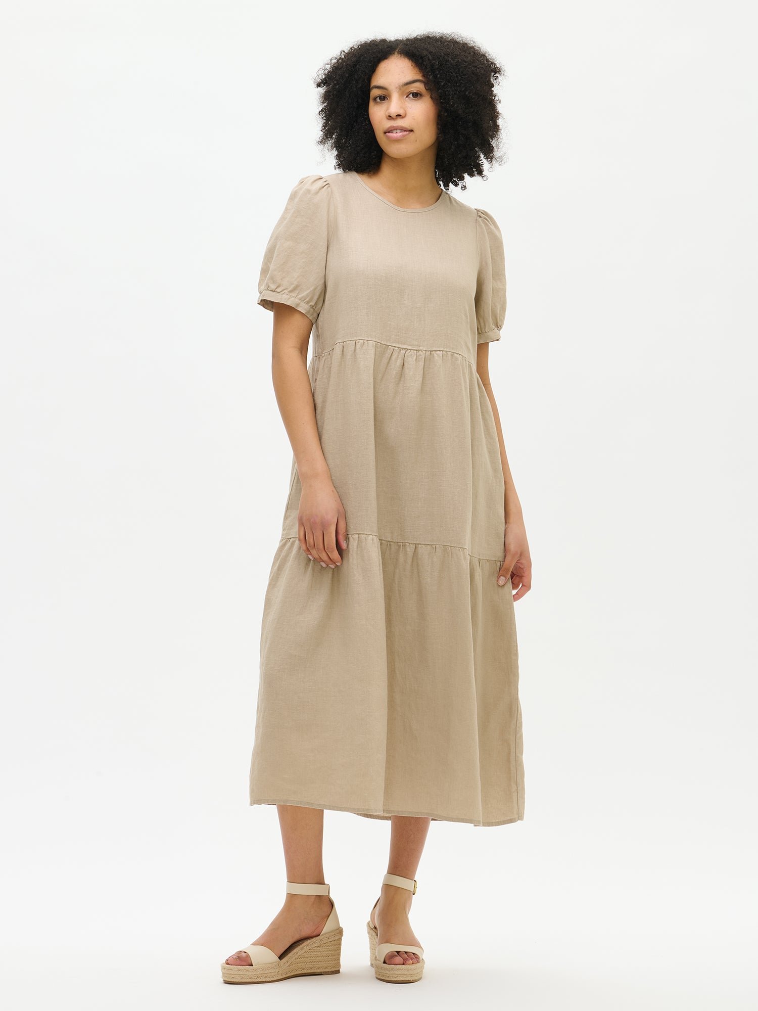 Nanso women's beautiful Sarastus maxi linen dress in beige features voluminous frill layers and short puffed sleeves from the front