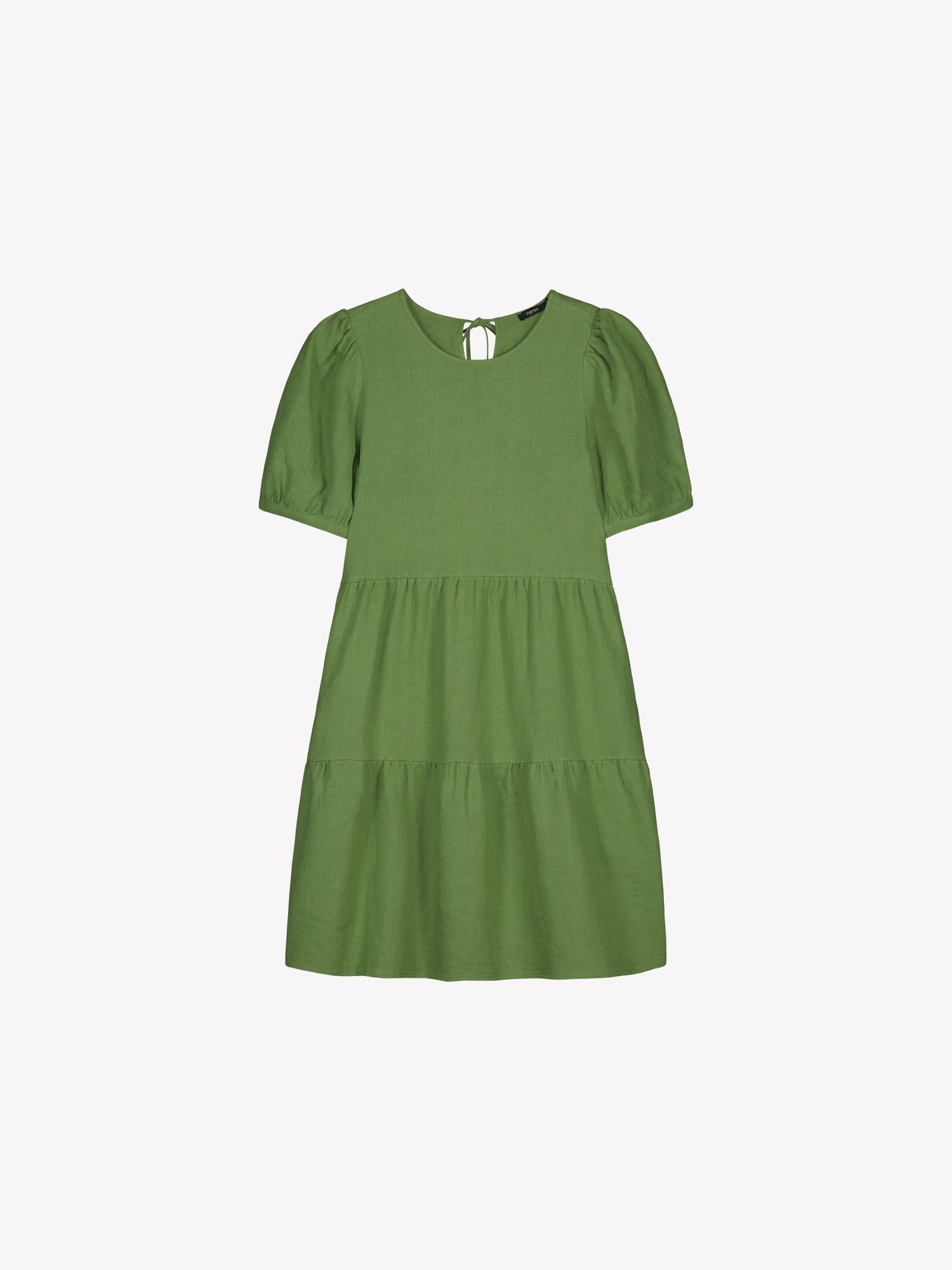 Nanso women's beautiful green Sarastus linen dress with voluminous frill layers and short puff sleeves in a product picture.