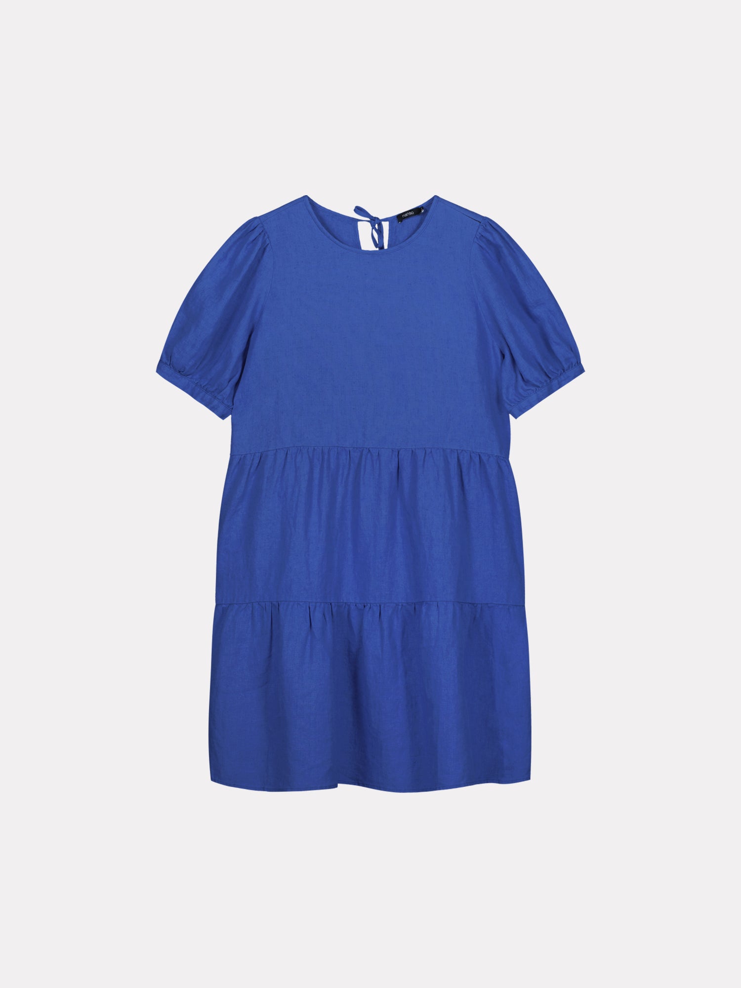 Nanso women's beautiful blue Sarastus linen dress with voluminous frill layers and short puff sleeves, in a product picture
