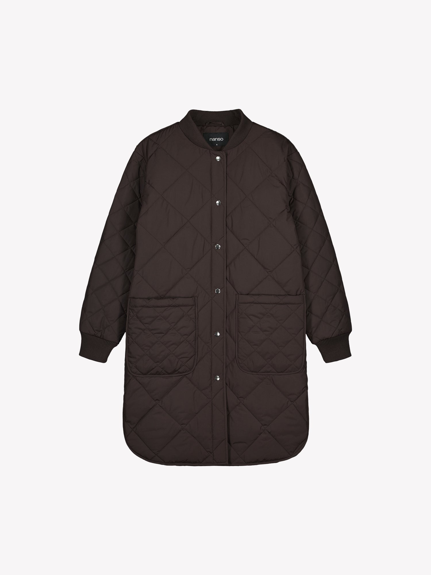 Nanso women's casual Midi quilted coat in brown on a brunette model in a product picture