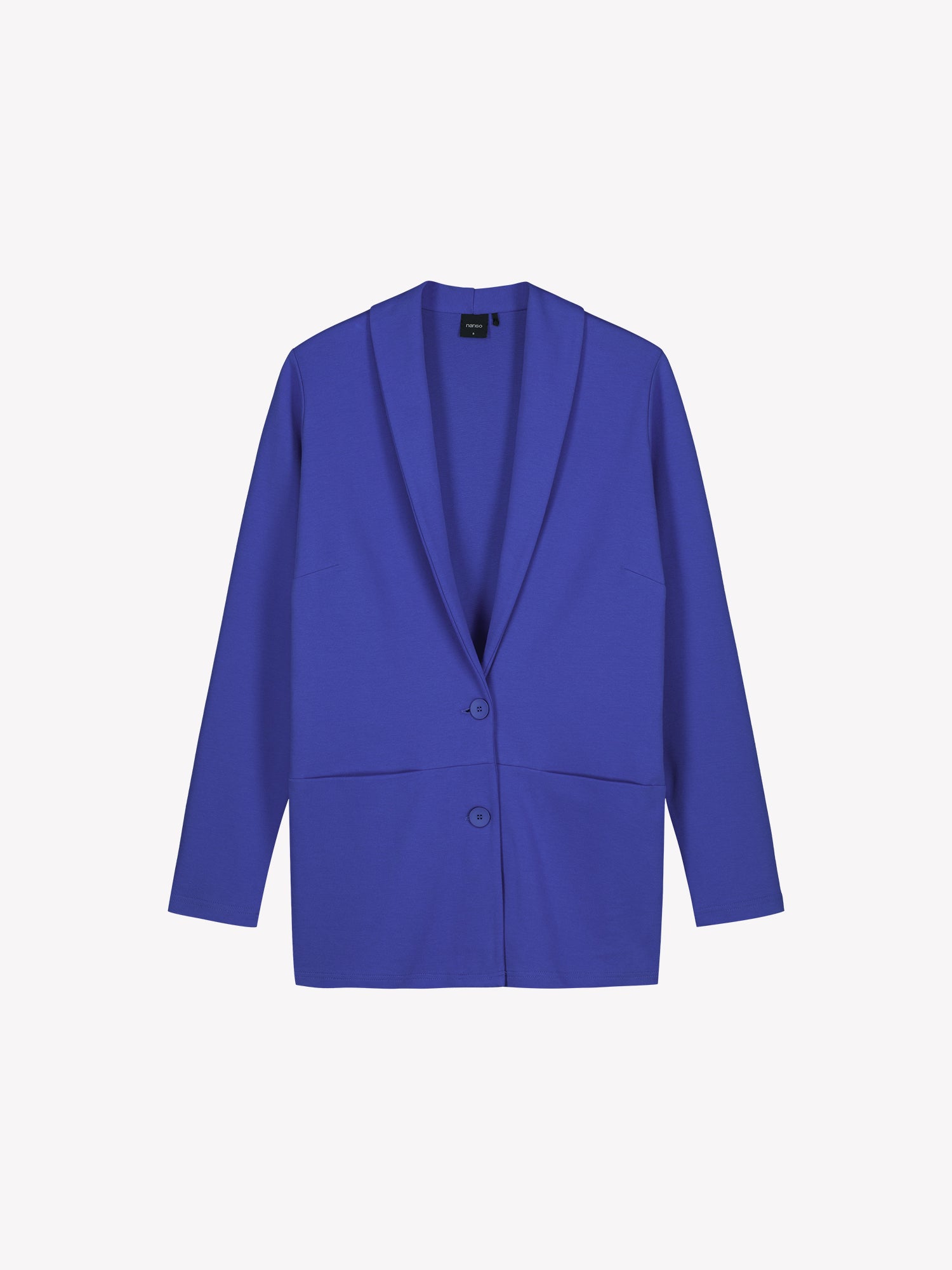 Nanso women's blue Leija jacket features a collar, front button closure, and bust darts. Sleeves are full-length. The front horizontal seam has embedded pockets. Product image from the front.