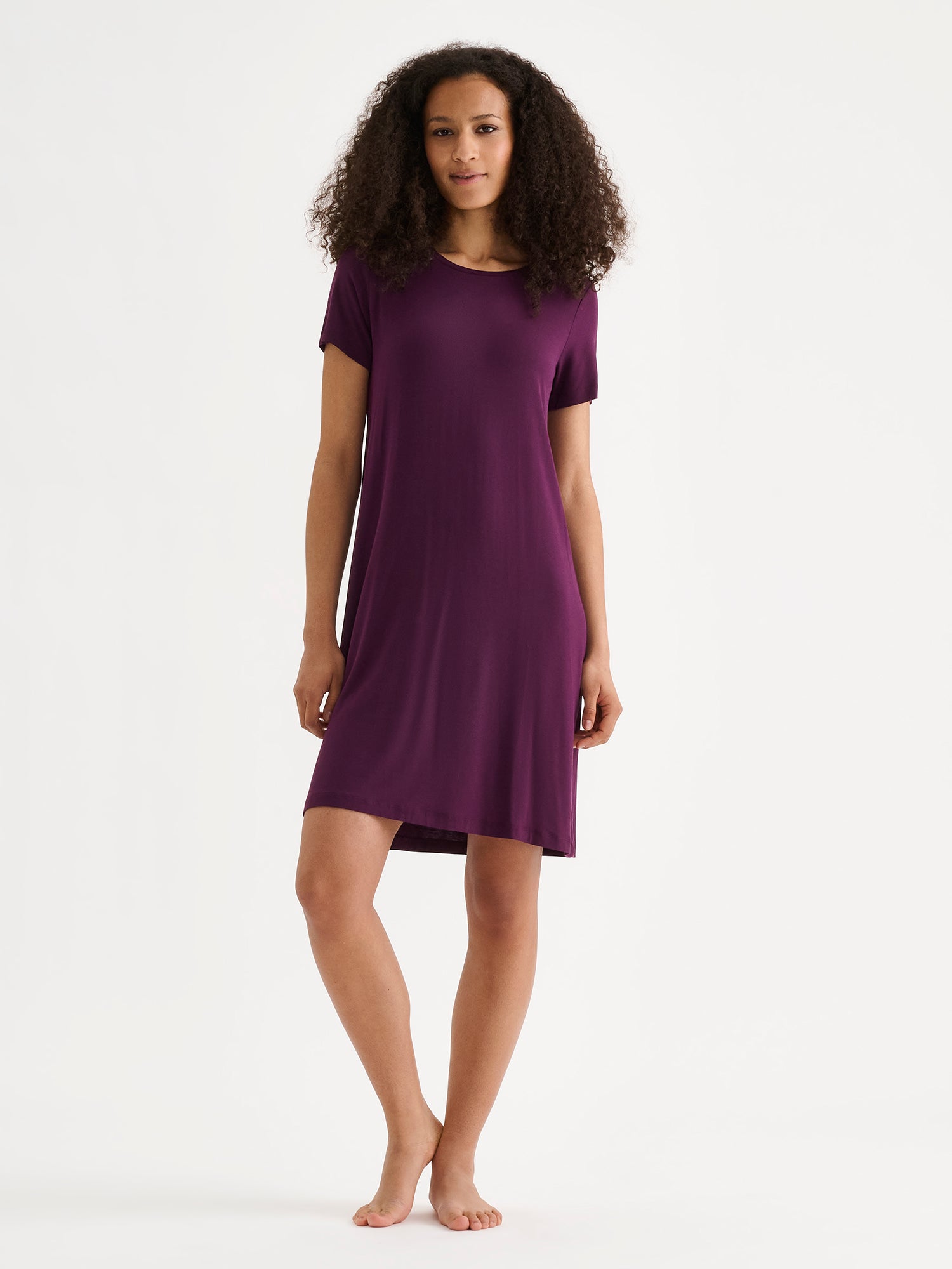 Nanso women's solid Hento nightgown with short sleeves and a round neckline pictured on a model