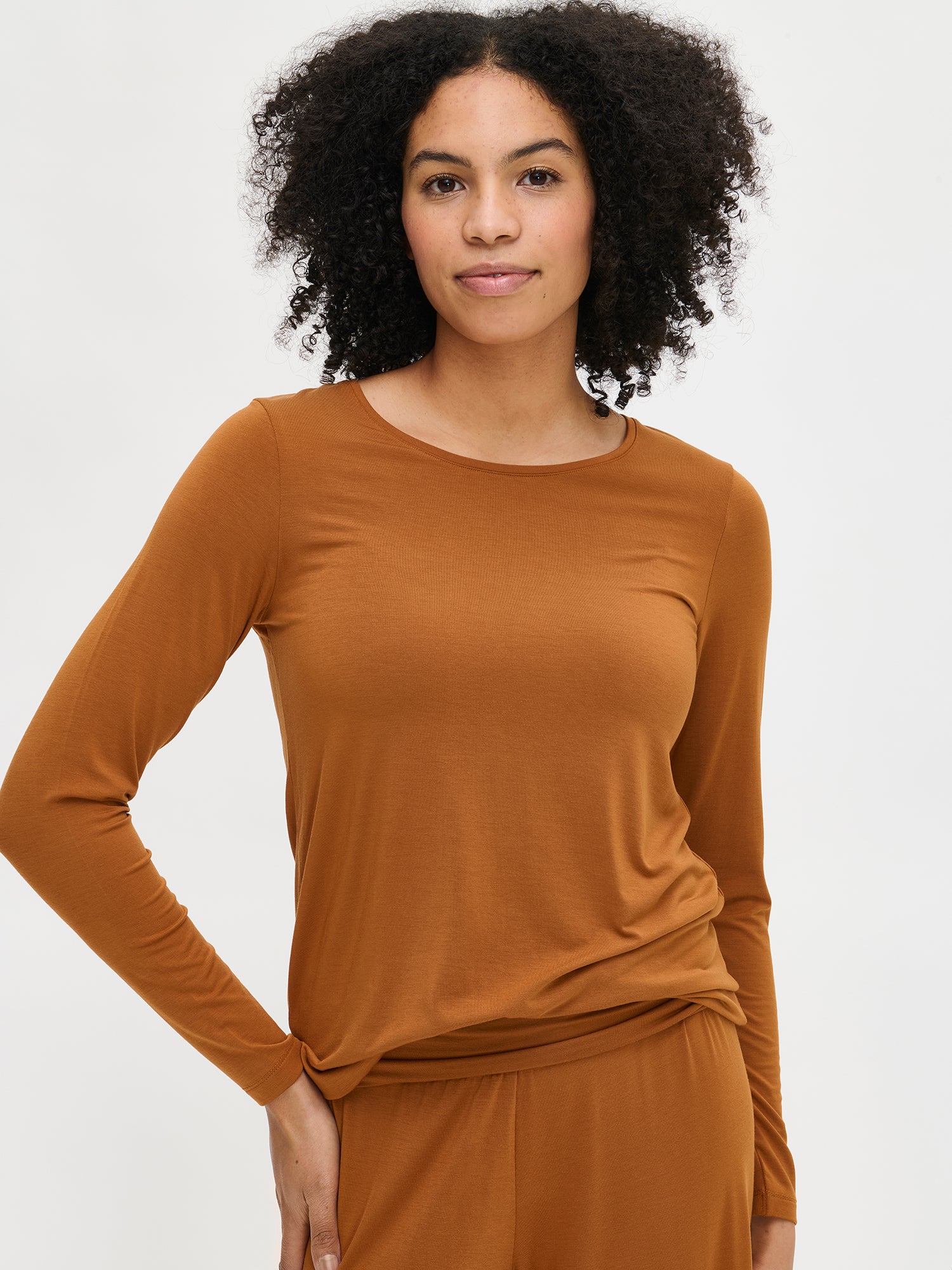 Hento shirt with long sleeves in brown on a model in a product picture.