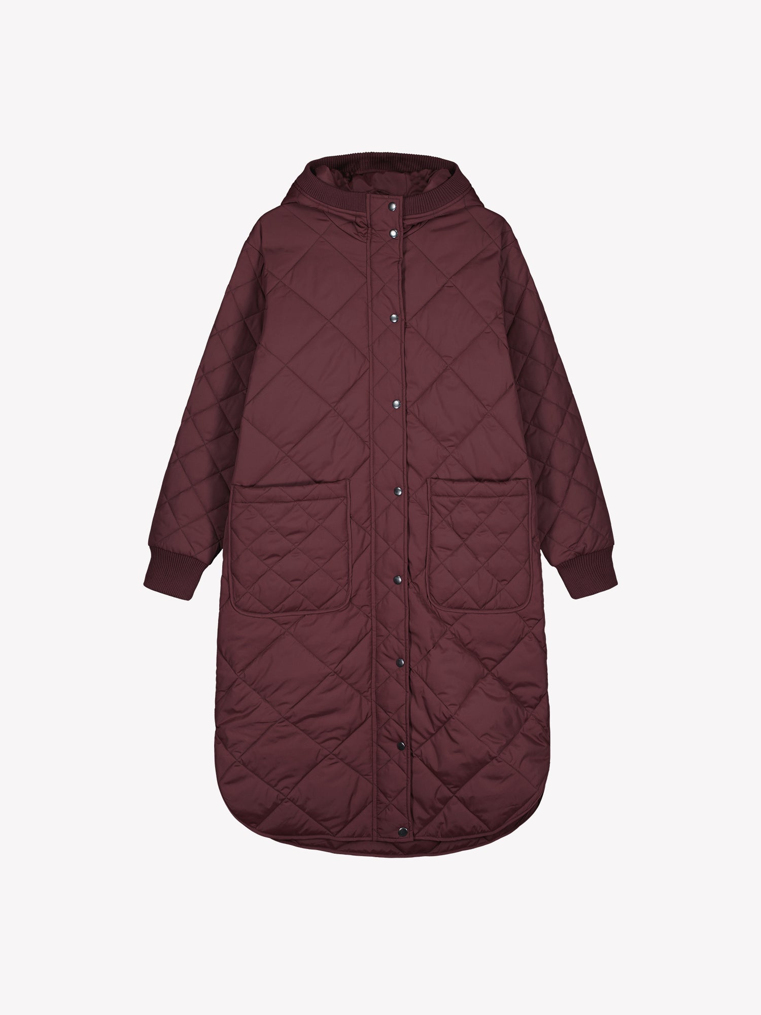 Nanso women's casual winered Maxi quilted coat with light padding and a cozy hood, in a product picture