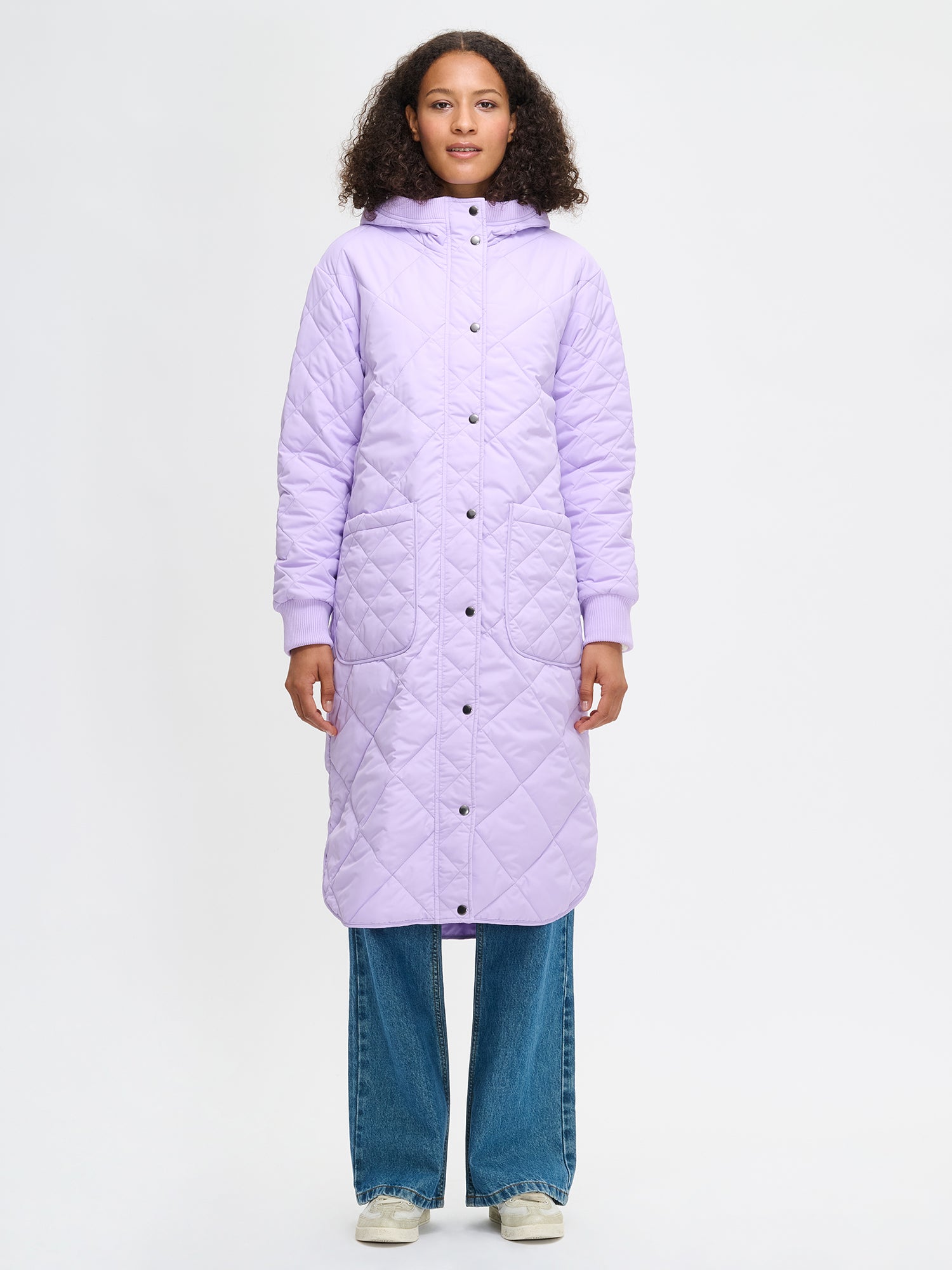 Nanso women's casual lilac Maxi quilted coat with light padding and a cozy hood, front