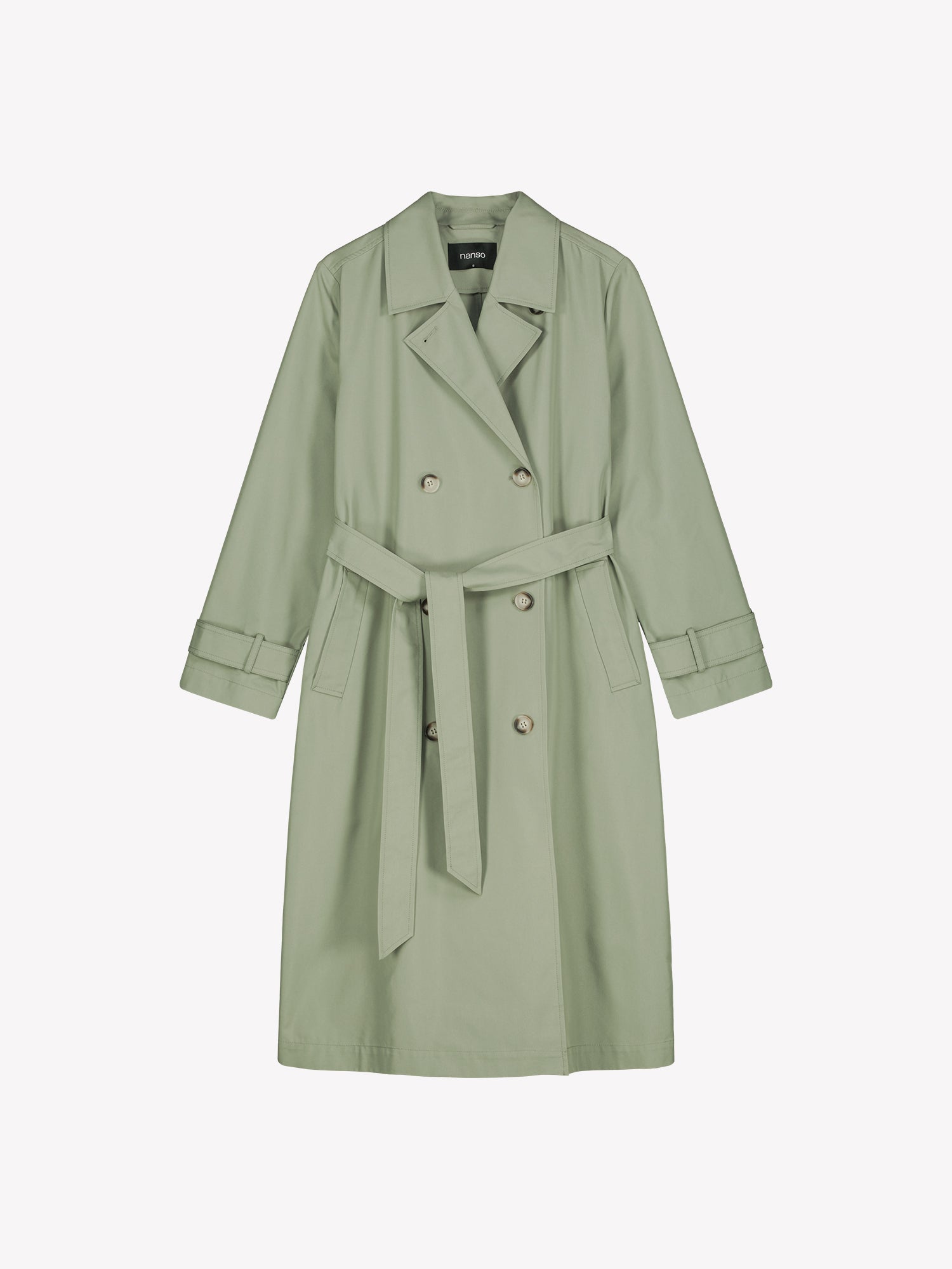 A timeless Light Green trench coat in a product picture