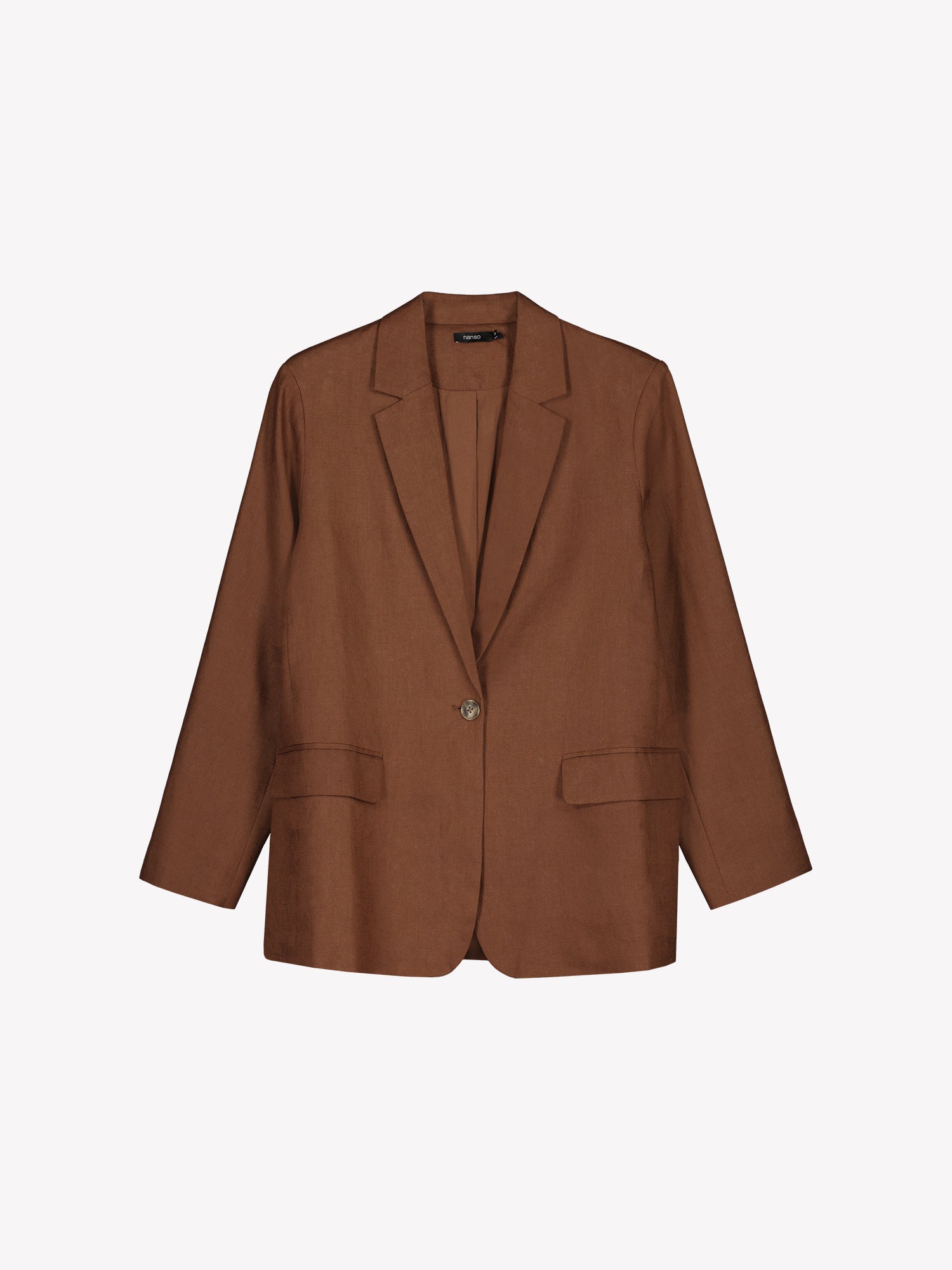 Nanso women's Arles brown linen blazer with brown linen trousers in a product picture.