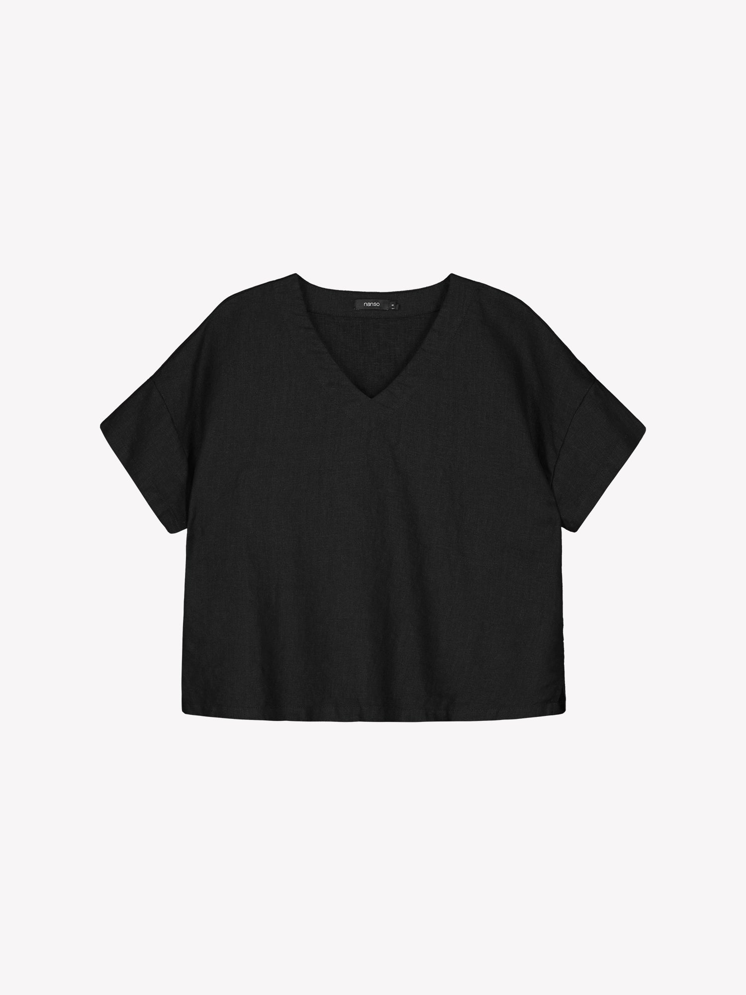 Nanso women's black solid Sarastus linen shirt for relaxed lounging, product picture from the front