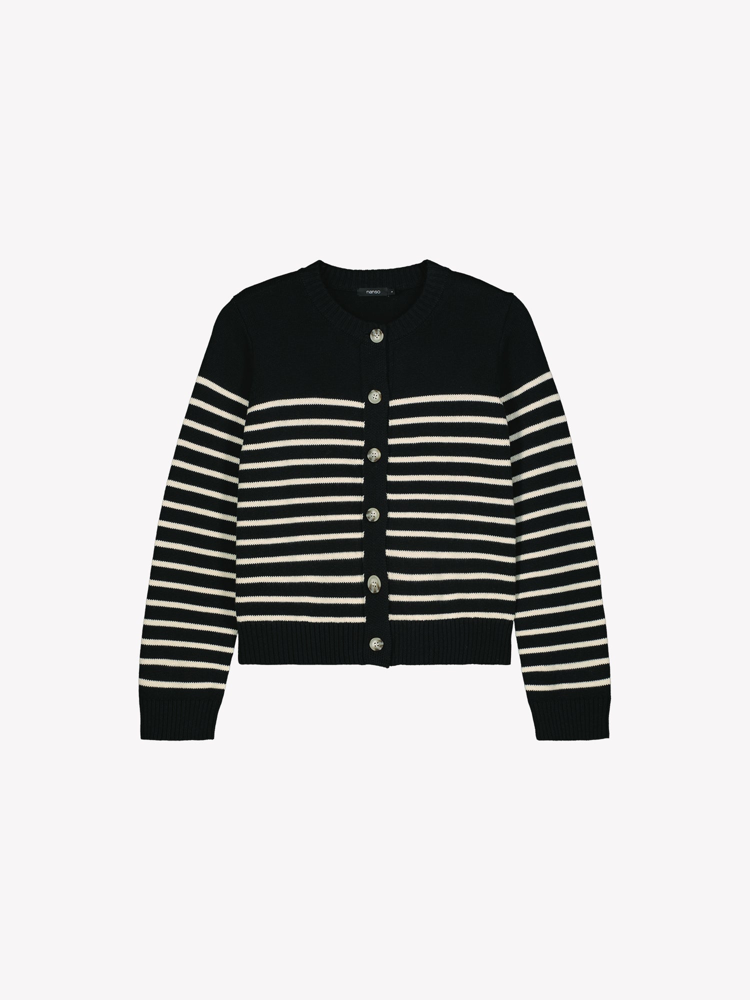 Nanso women's straight-cut striped Mira knit cardigan with buttons in a product picture