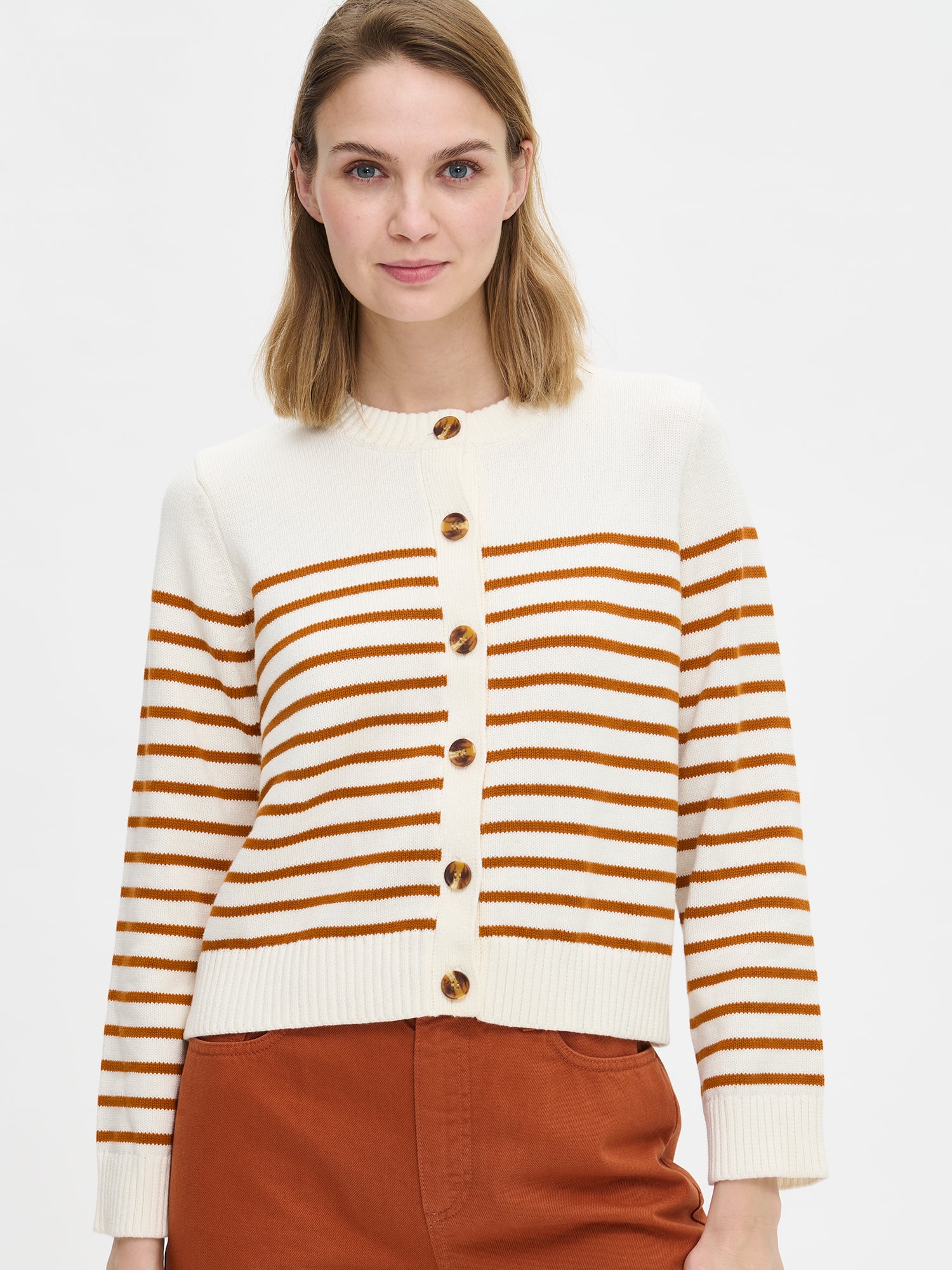 Nanso women's straight-cut striped Mira knit cardigan with buttons, dettail