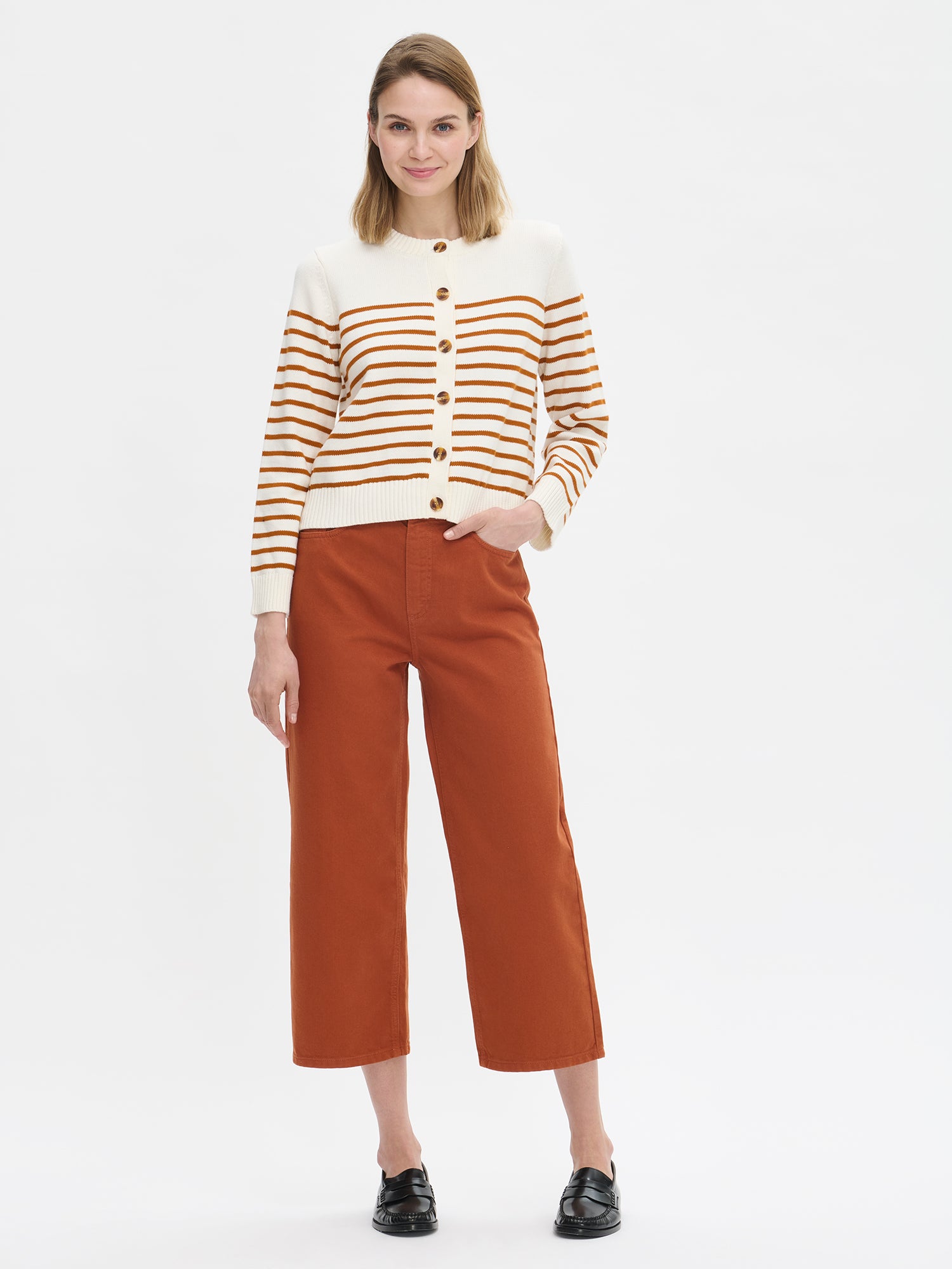 Nanso women's straight-cut striped Mira knit cardigan with buttons, front
